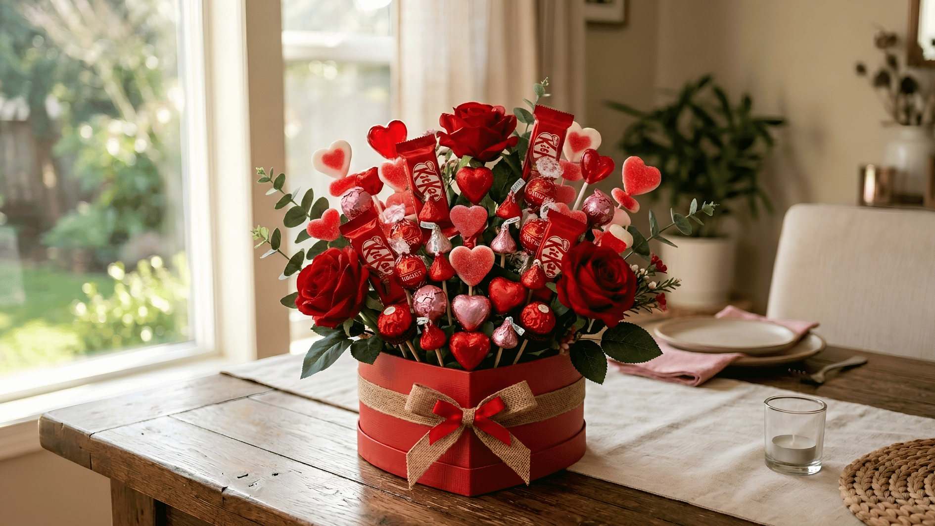 valentine candy bouquet with red roses heart shaped sweets and chocolates arranged in a decorative gift box