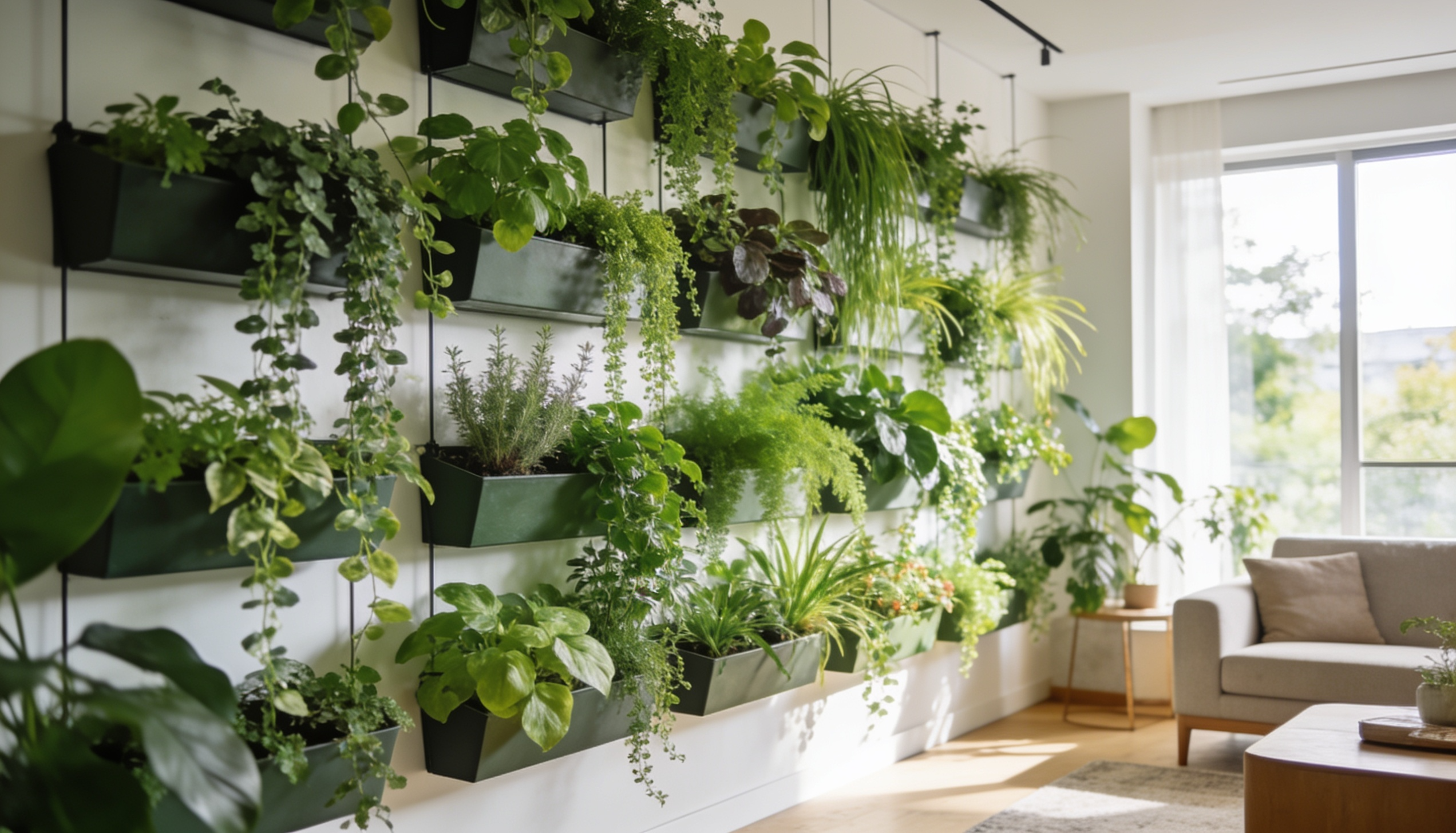 A lush floor-to-ceiling vertical garden living wall densely packed with mixed tropical plants and fern