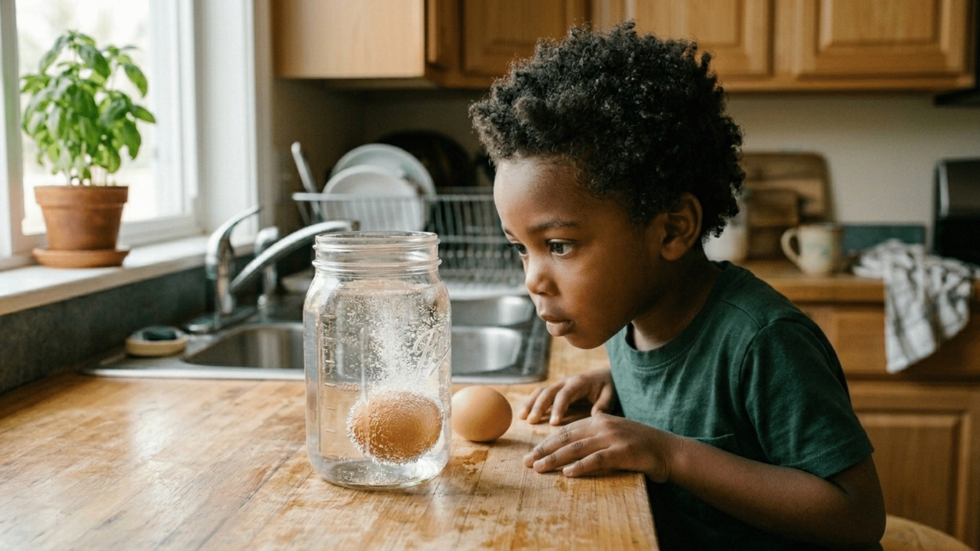american little boy observing bubbles forming on an egg submerged in vinegar inside a clear jar