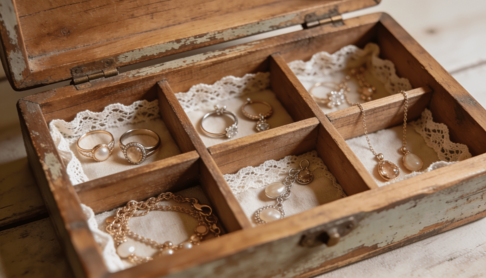 A vintage-inspired DIY jewelry organizer with antique drawer knobs, distressed wood, and a lace-filled frame holding earrings and necklaces.