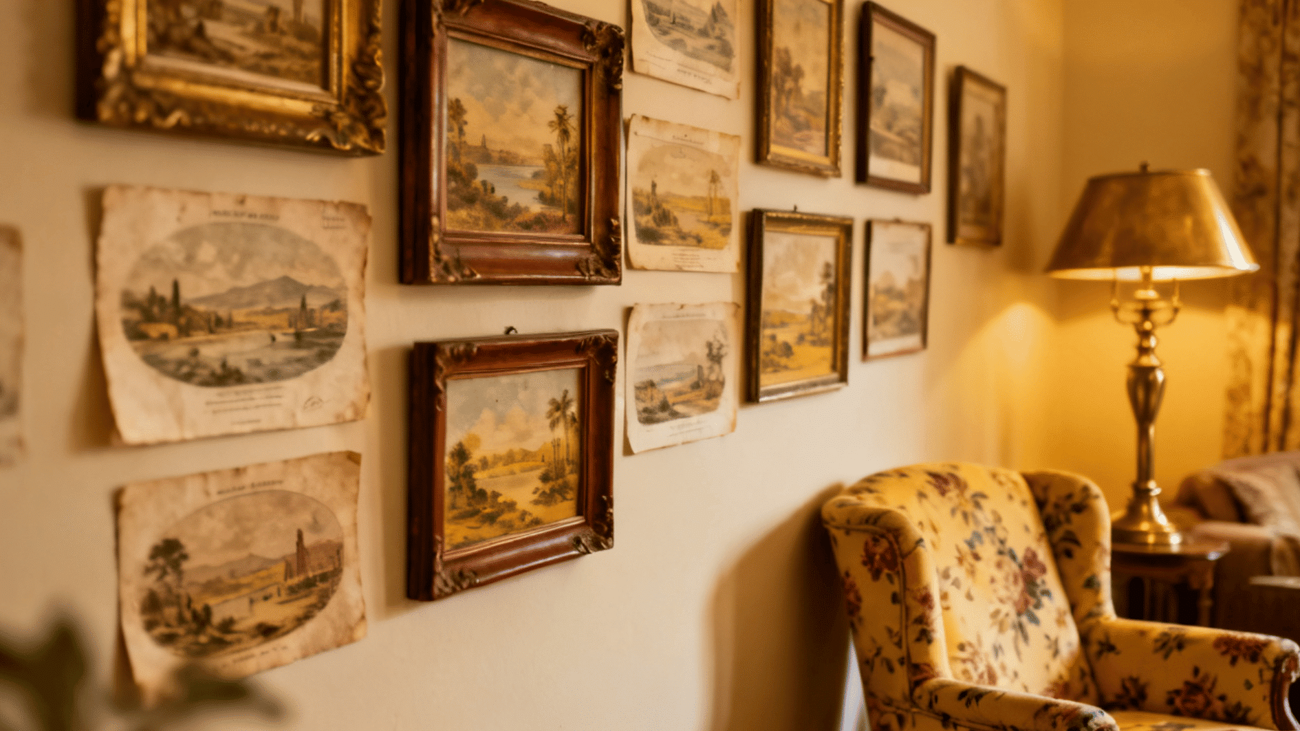 vintage gallery wall of framed landscape prints and antique illustrations beside a floral armchair and lamp