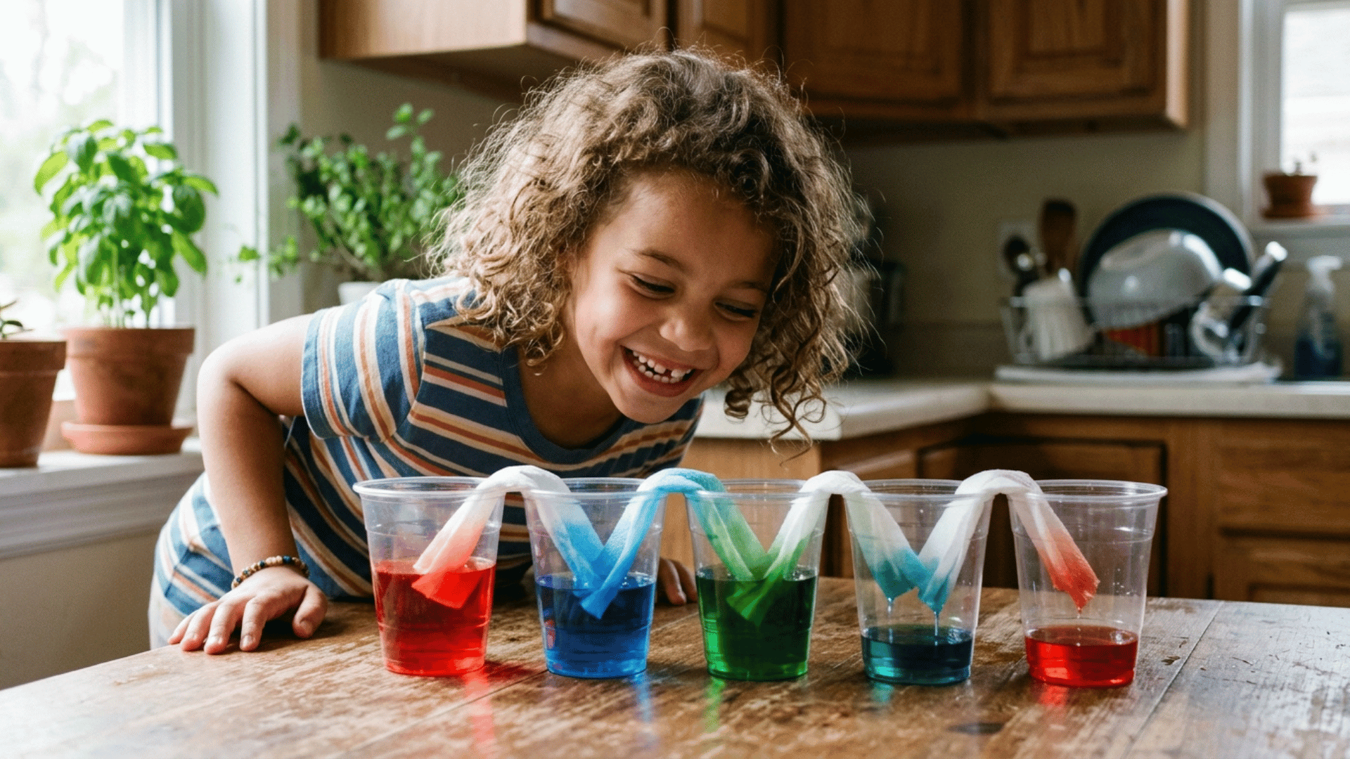 american girl child watching colored water travel between cups through paper towels