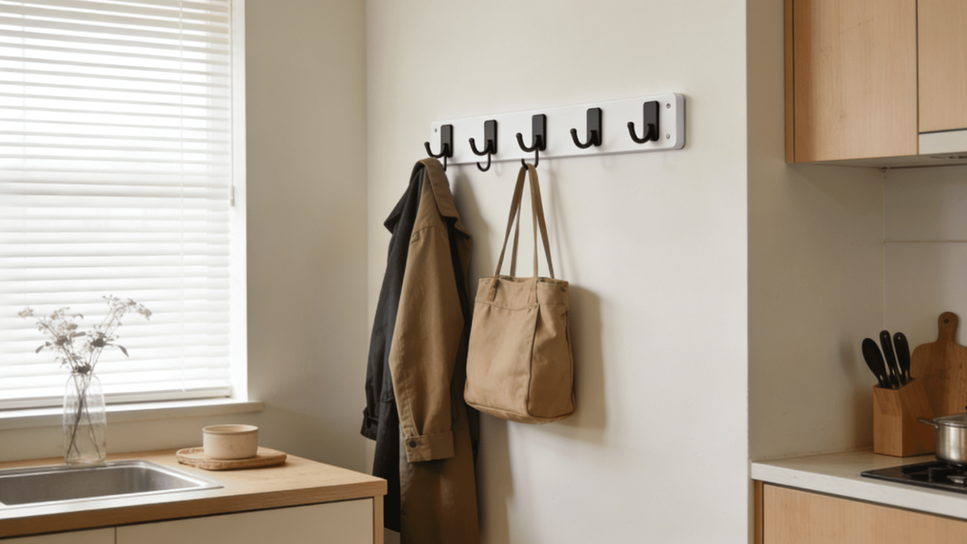wall mounted coat rack holding a jacket and tote bag beside a compact kitchen workspace