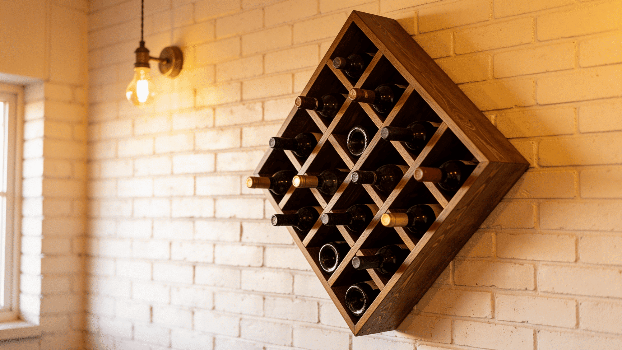 wall mounted diamond wood wine rack with bottles stored diagonally on white brick wall