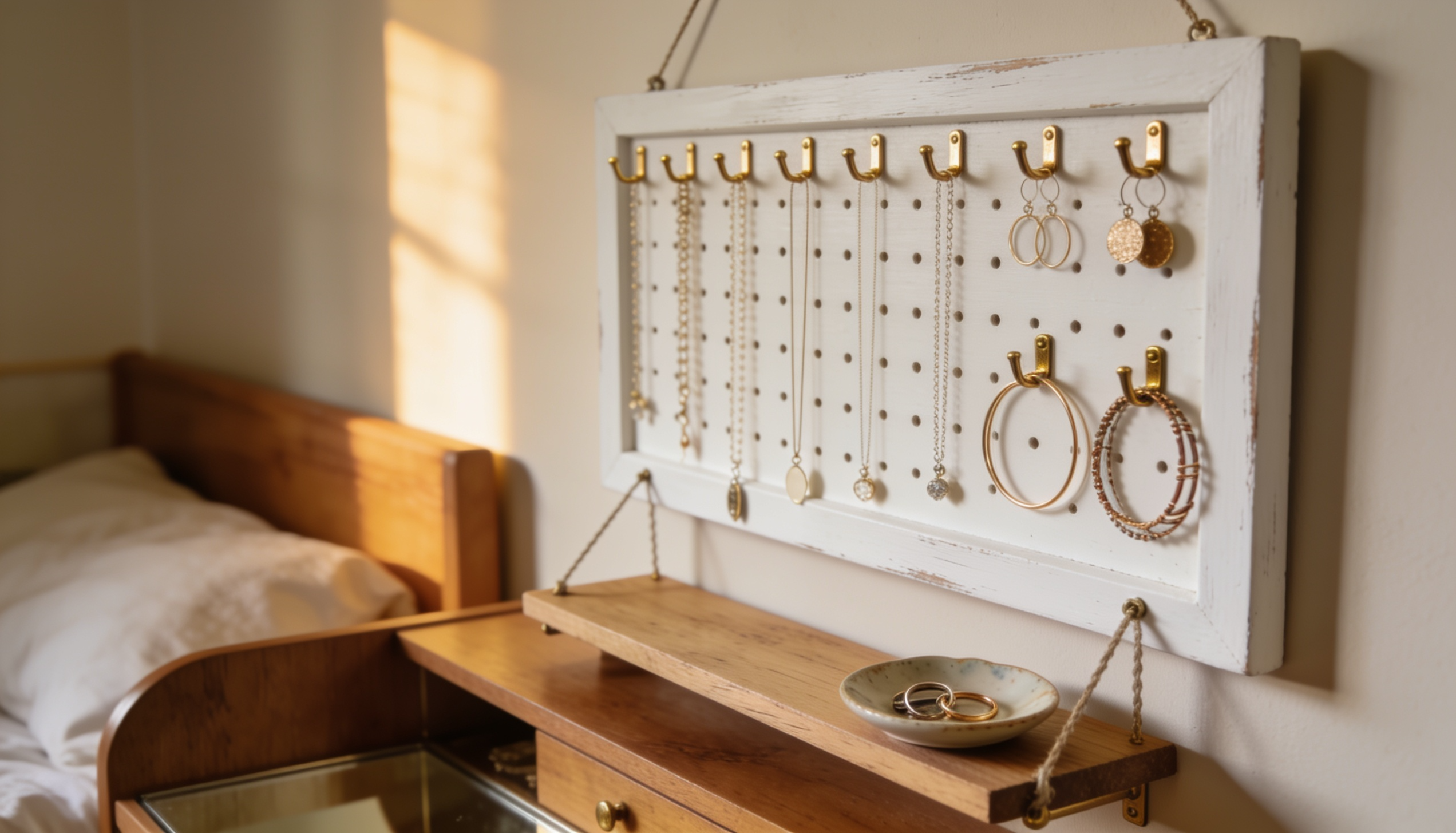 A DIY white pegboard wall organizer with brass hooks holding necklaces, earrings, and bracelets above a wooden vanity.