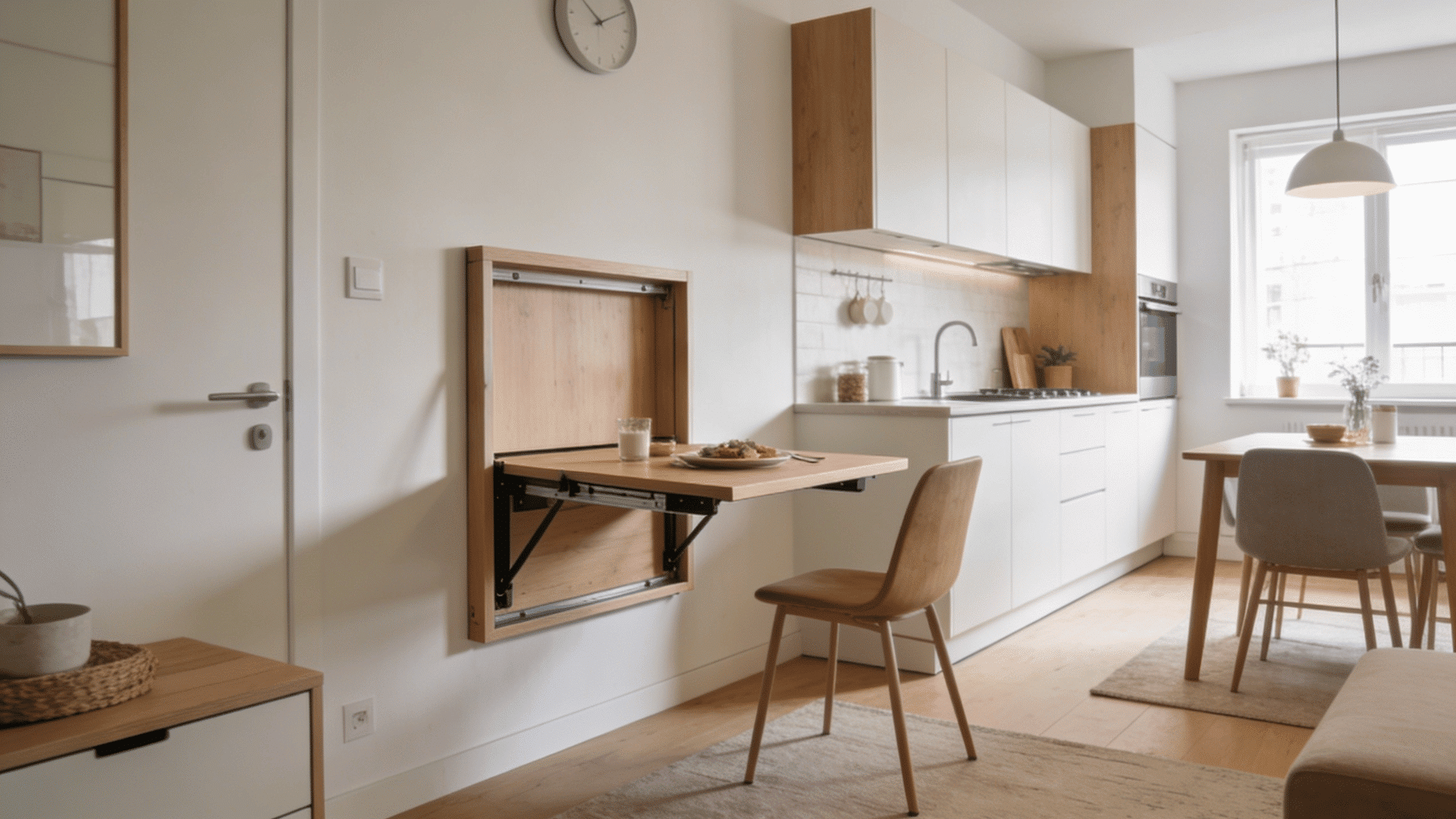 wall mounted fold down table in a minimalist kitchen dining space