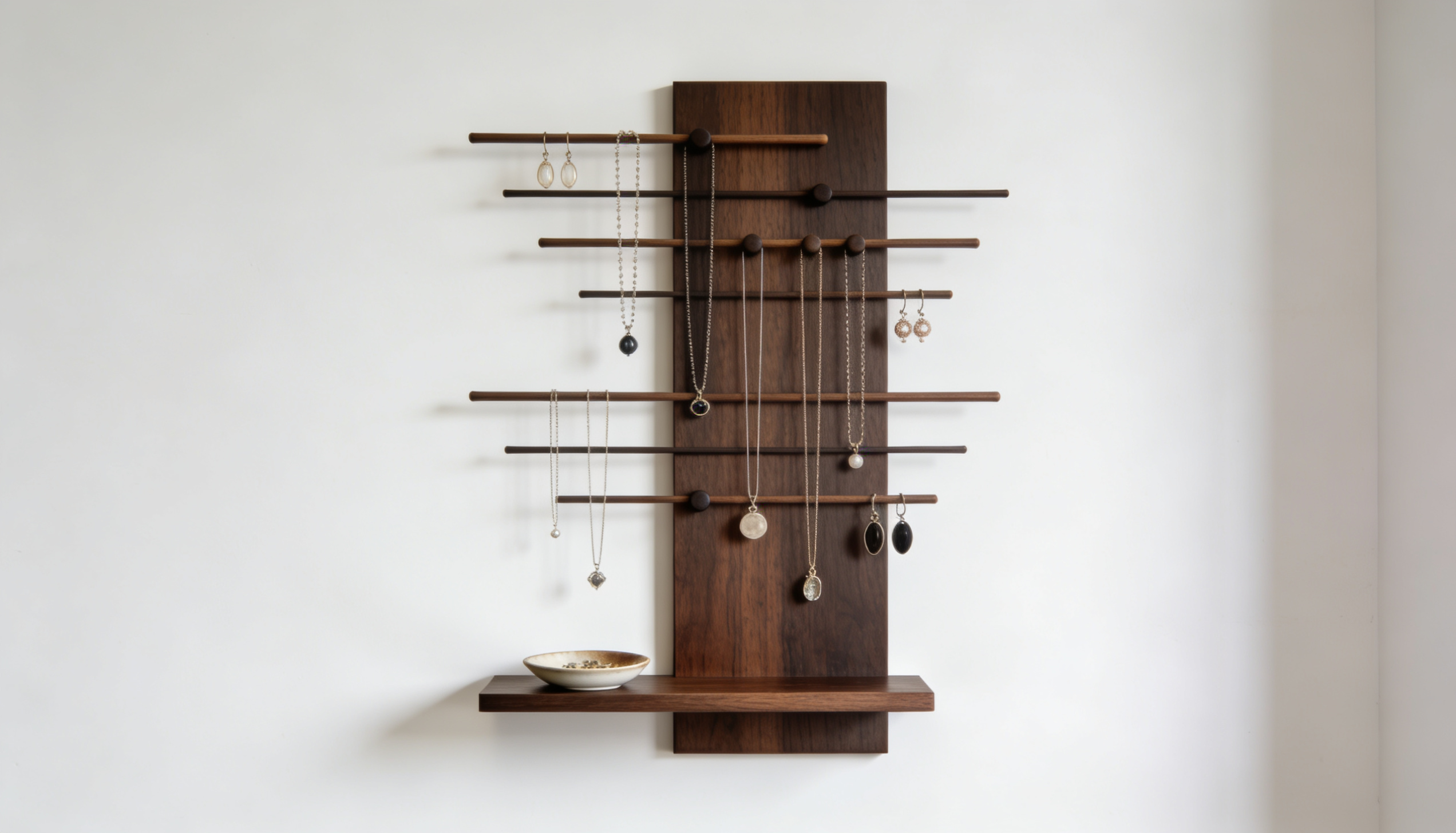 A minimalist DIY wall jewelry organizer with a dark wood backing and horizontal dowel rods holding necklaces and earrings on a white wall.