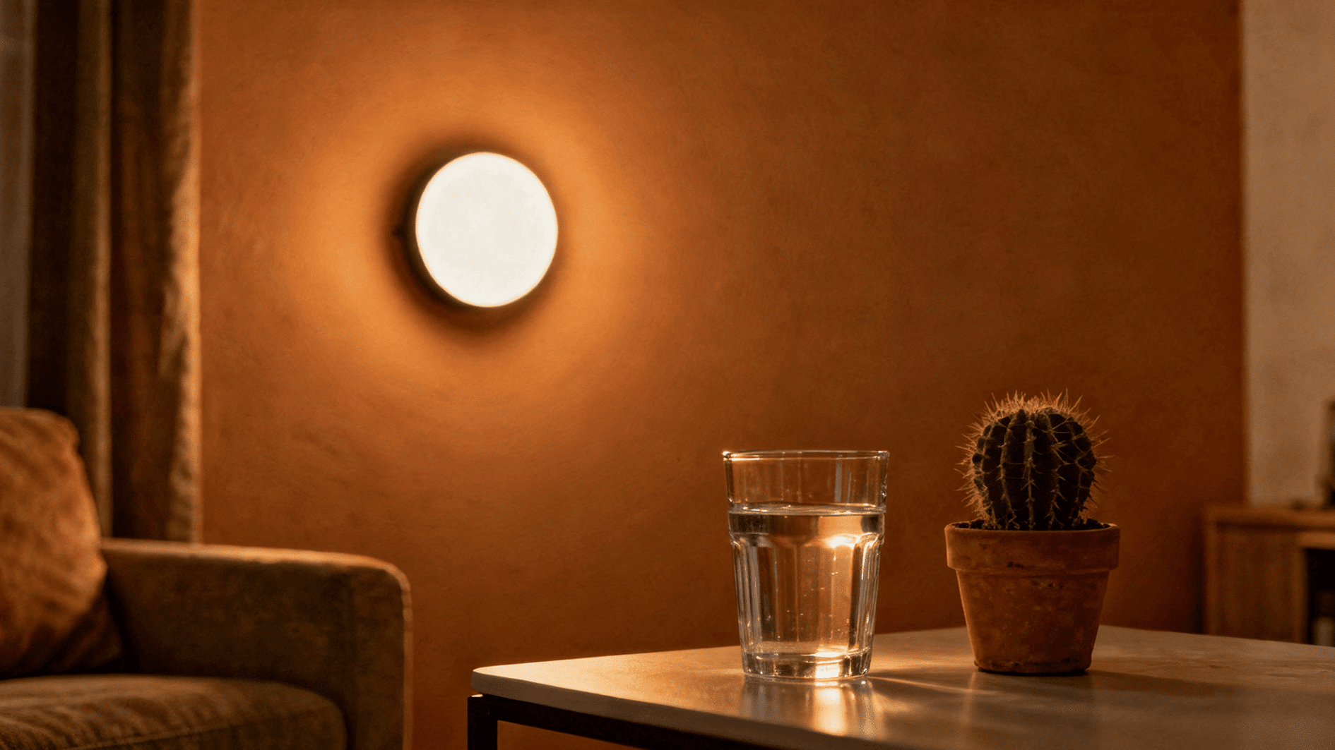 warm glowing smart night light mounted on wall above table with glass of water and small cactus plant
