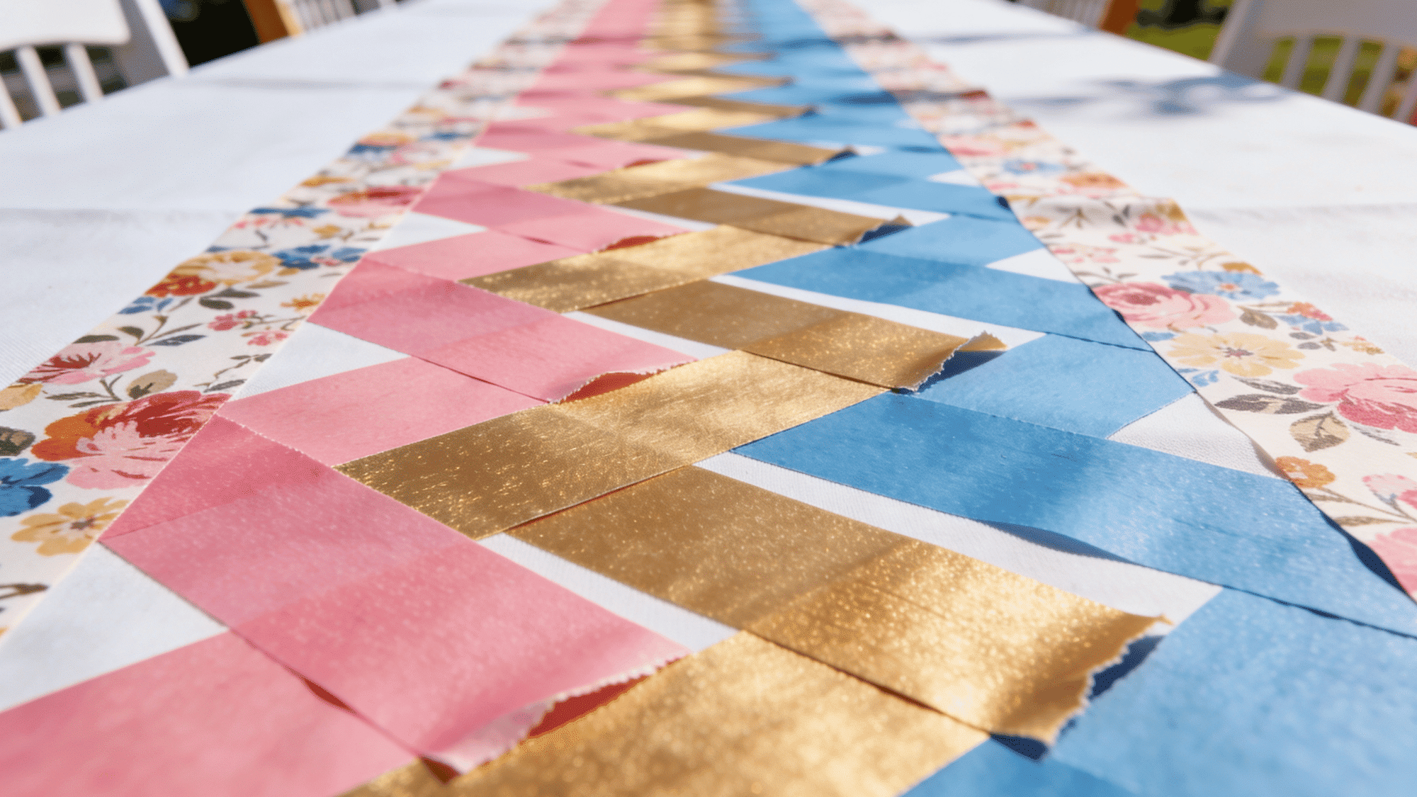 washi tape table runner in pink gold blue and floral patterns layered across a long white birthday party table