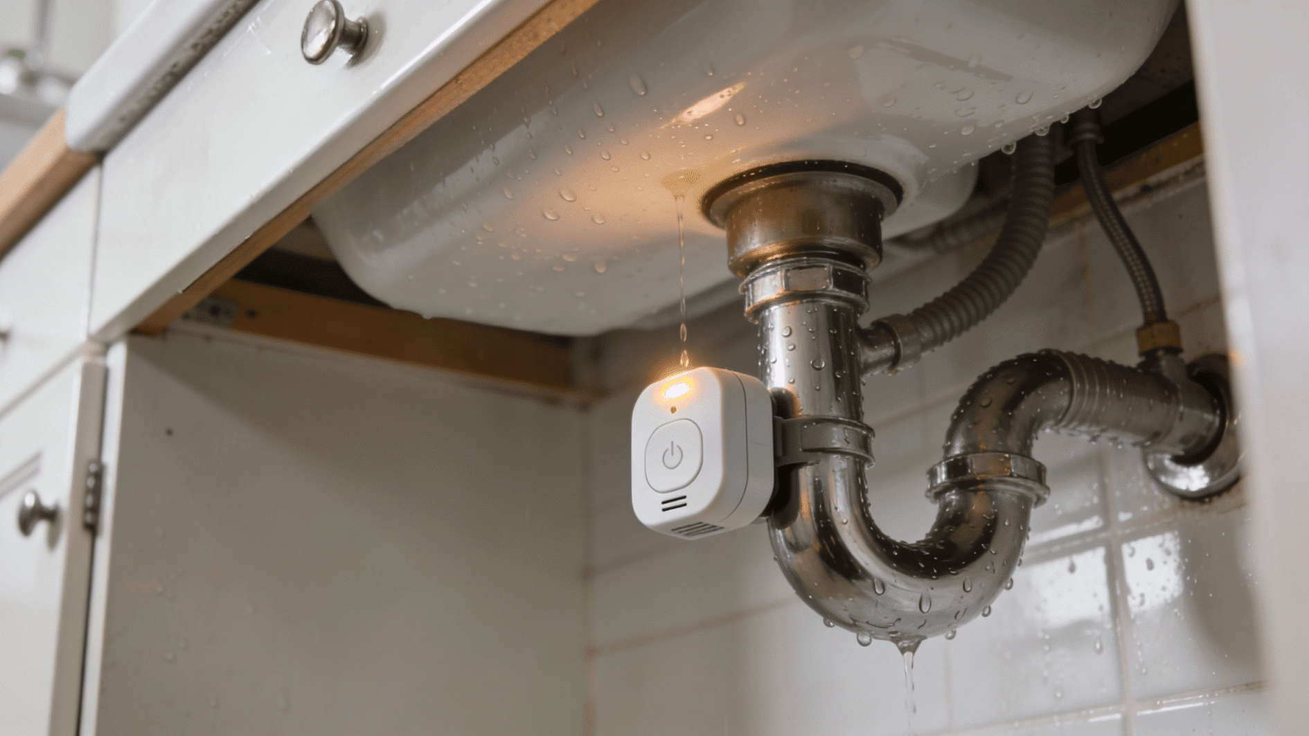 water leak detector clipped to drain pipe beneath sink alerting to plumbing leak with visible dripping water