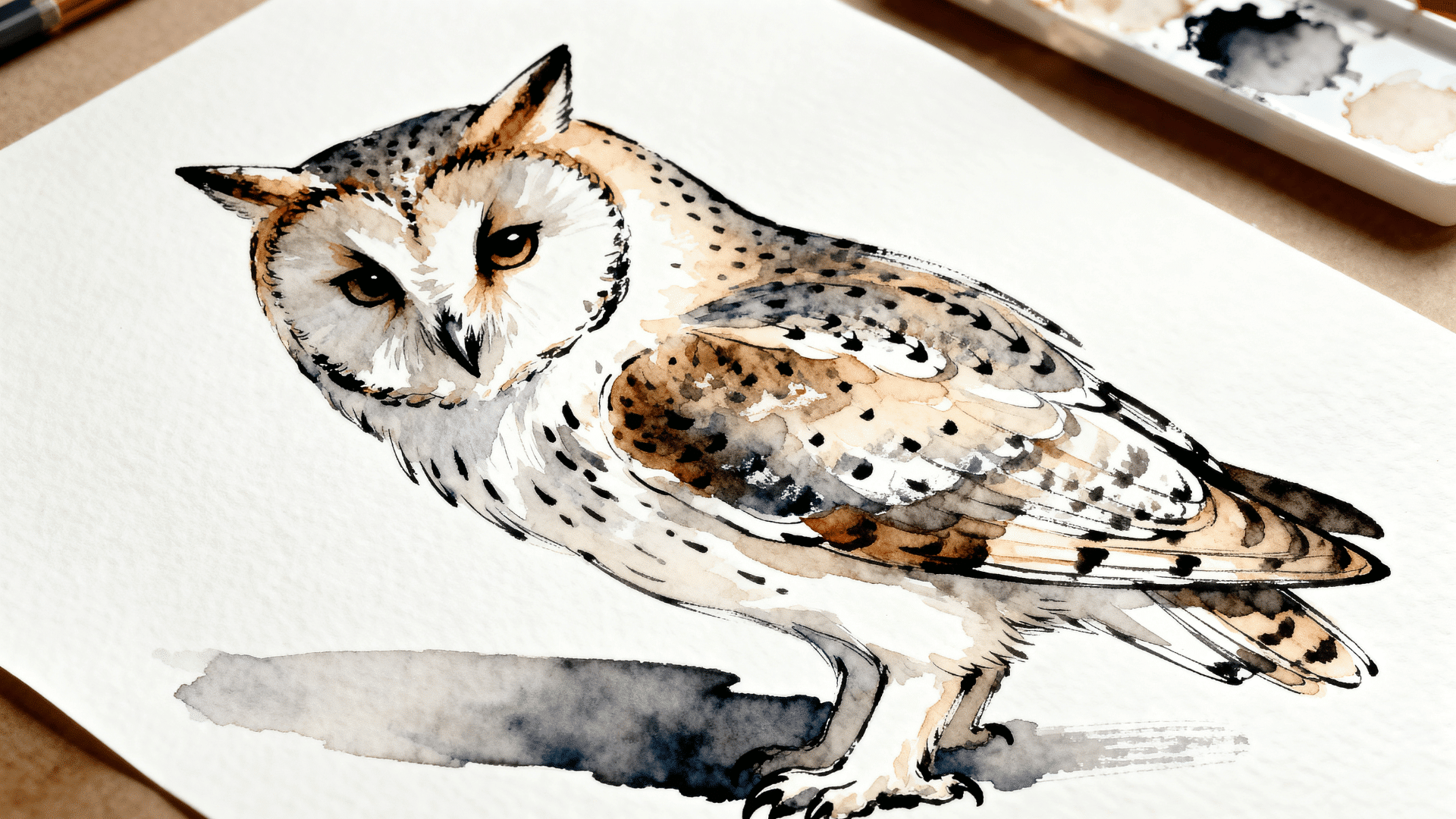 watercolor and ink animal art with soft paint washes and fine line details