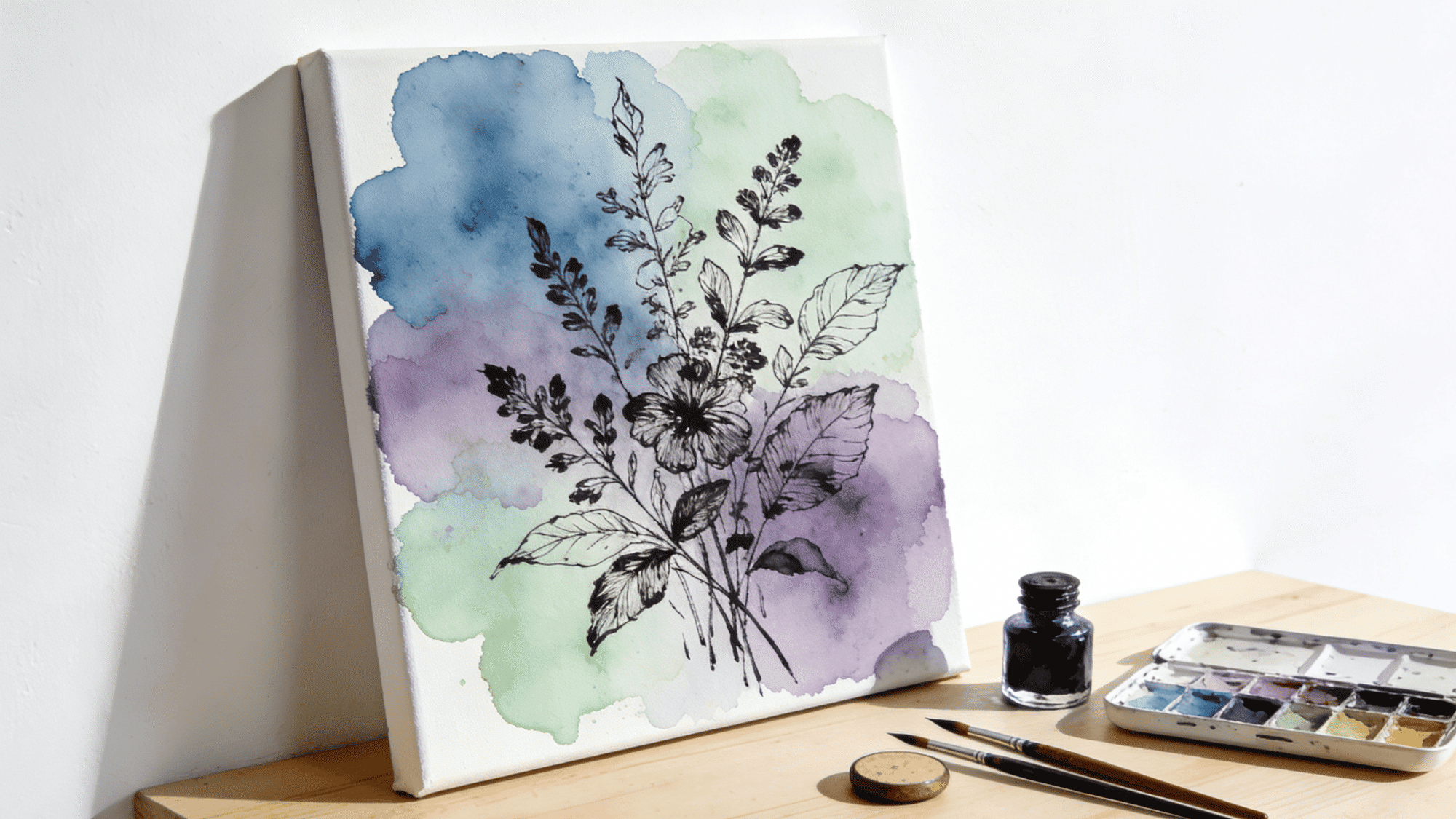 watercolor wash canvas with black ink botanical linework in blue lavender and green on oak