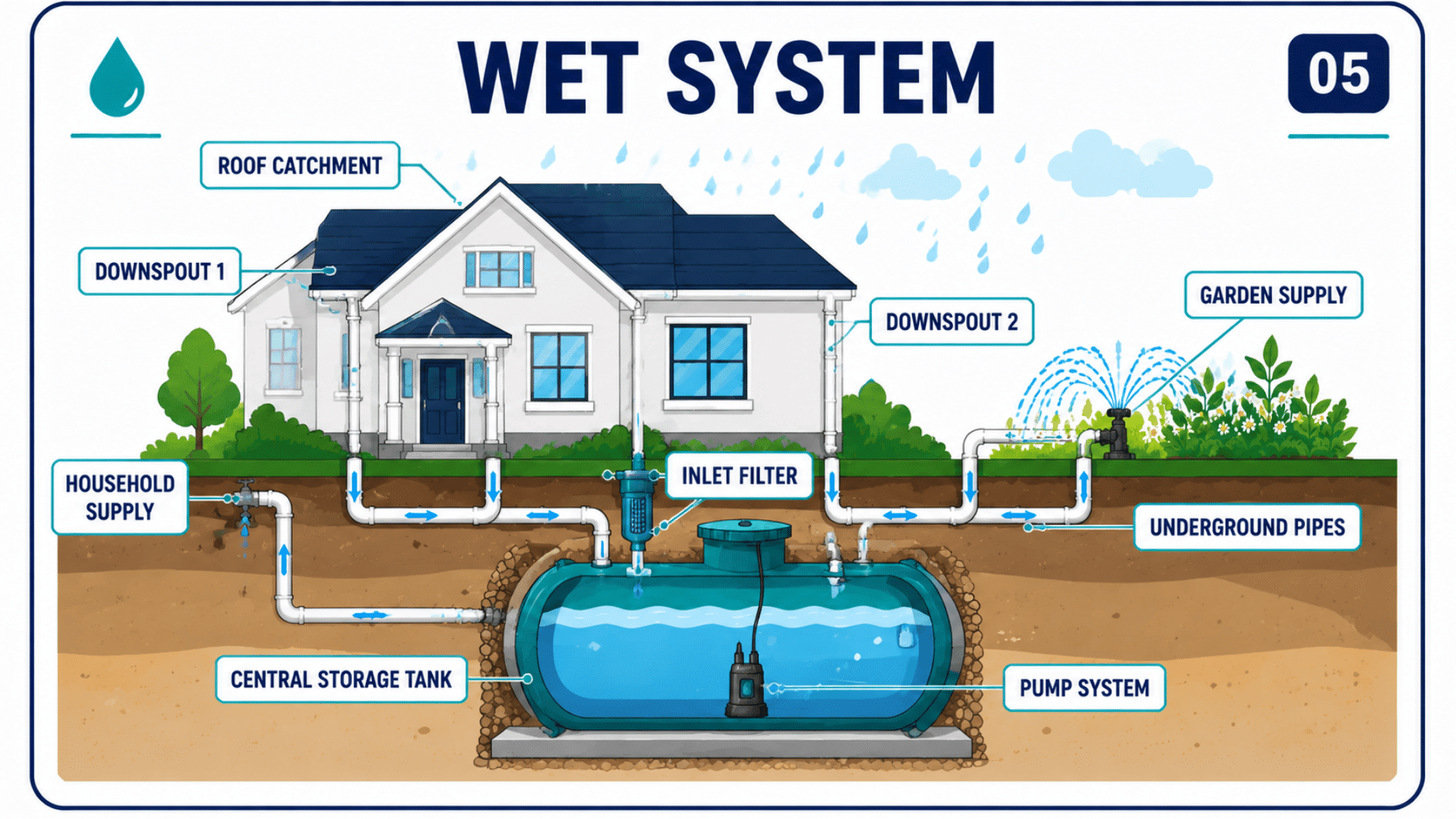 Wet rainwater harvesting system with underground pipes, storage tank, and irrigation supply.