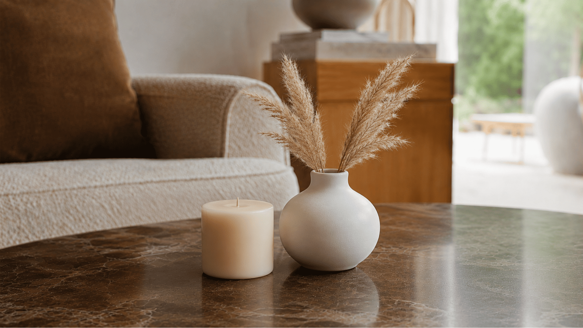 White ceramic vase with dried pampas grass and cream pillar candle on a marble coffee table