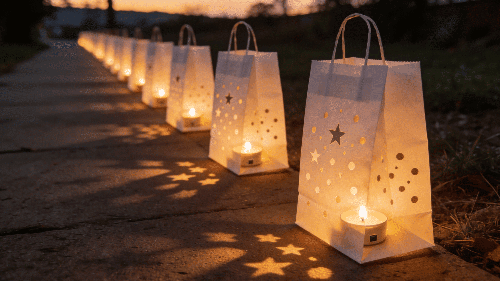 white paper bag luminaries with punched star patterns glowing from tea lights lined along a pathway at dusk