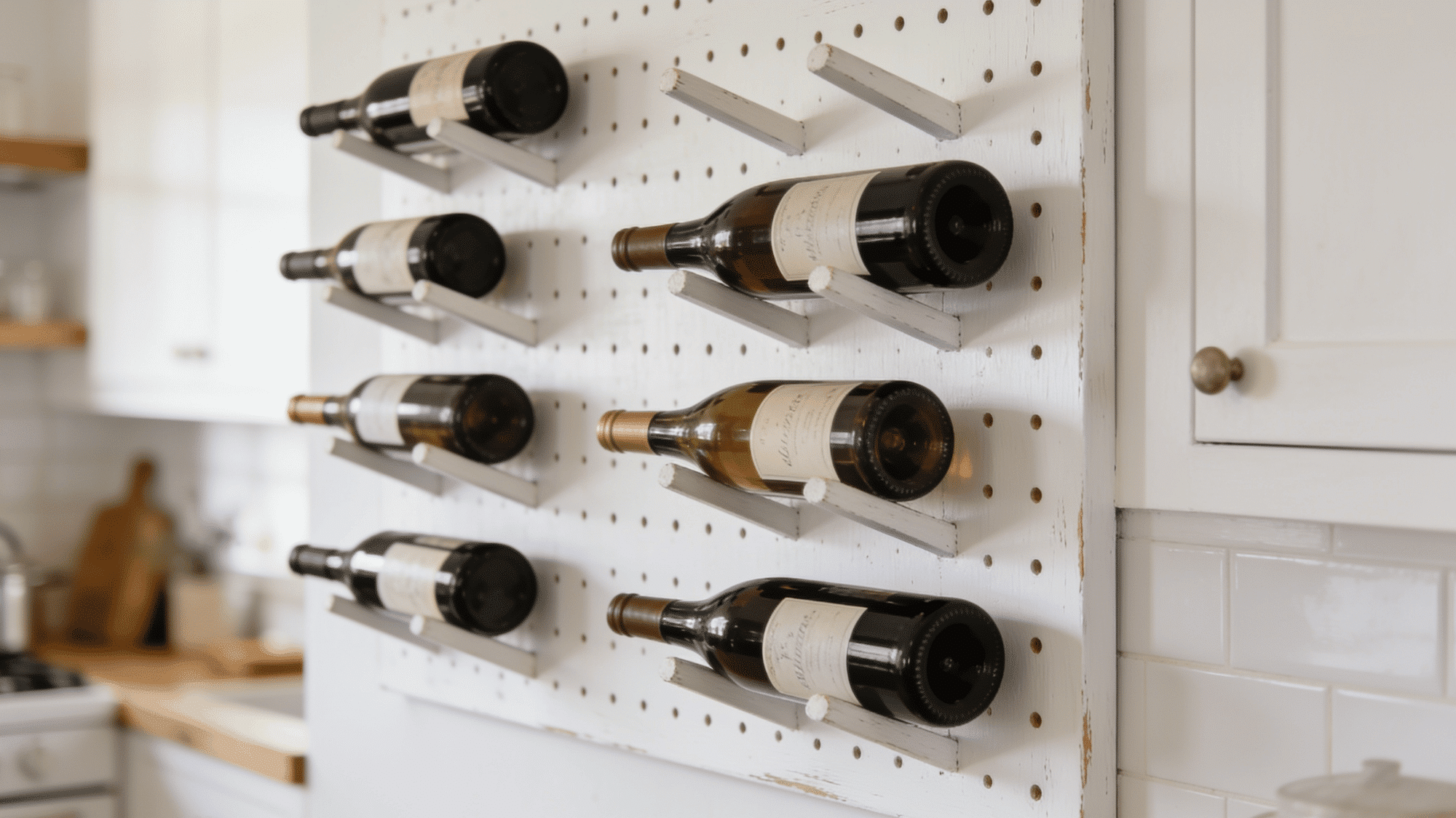white pegboard wine wall organizer with angled pegs holding bottles horizontally bright kitchen