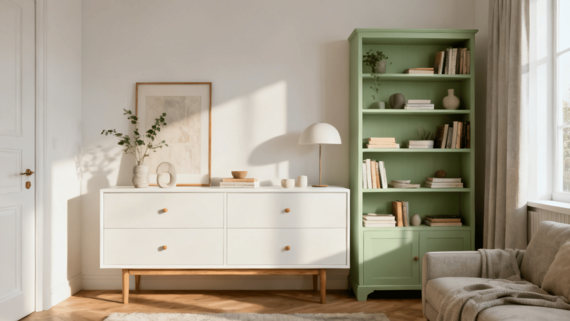 white sideboard and sage green bookcase styled with books, ceramics and natural decor
