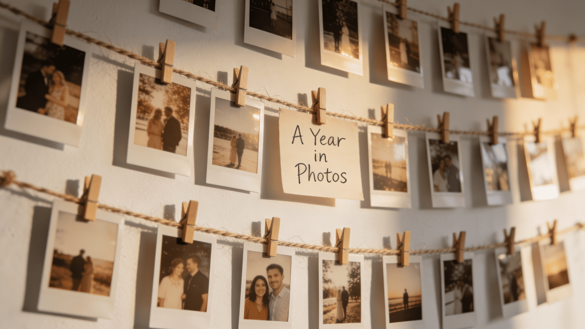 white wall with twine rows and printed photos clipped with wooden clothespins and a small sign in the center