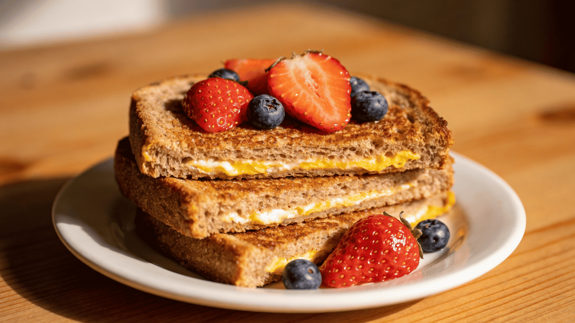whole wheat french toast stack with fresh strawberries and blueberries, healthy breakfast meal ideas for kids