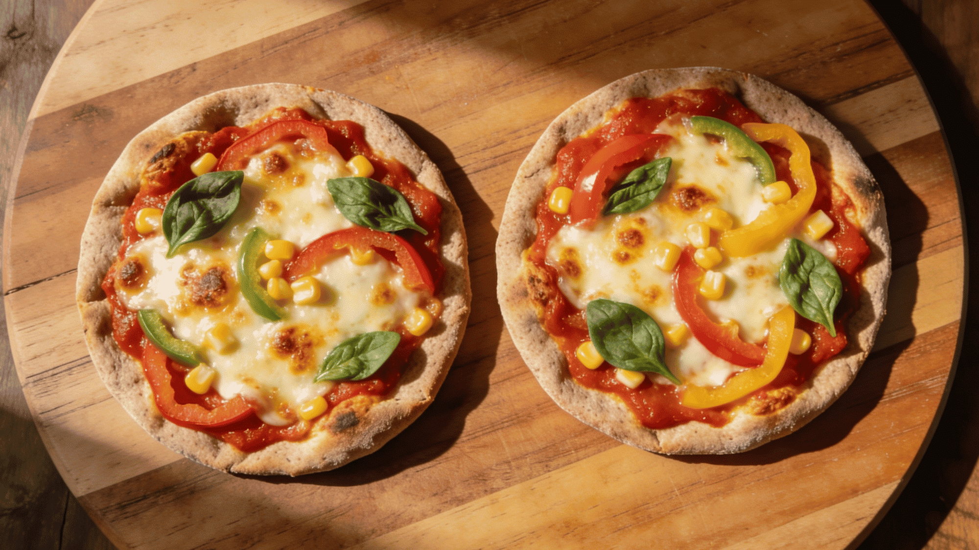 whole wheat pita pizzas with melted cheese and colorful veggie toppings, healthy meal ideas for kids