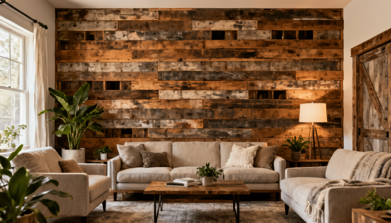 Rustic reclaimed wood pallet accent wall adding warmth, texture, and natural character to a cozy living room.