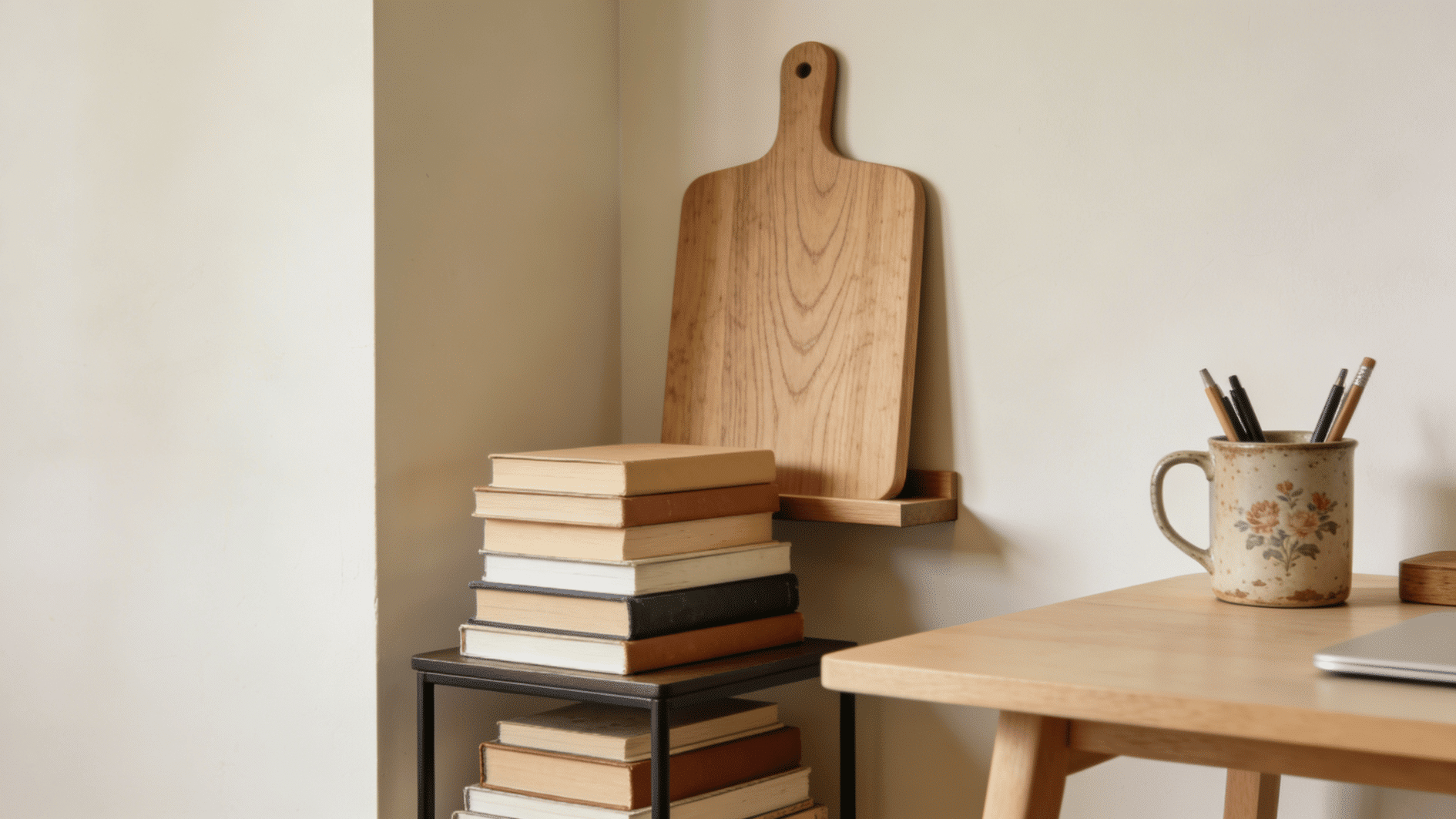 wooden cutting board displayed on a wall shelf beside stacked books and a ceramic pencil mug