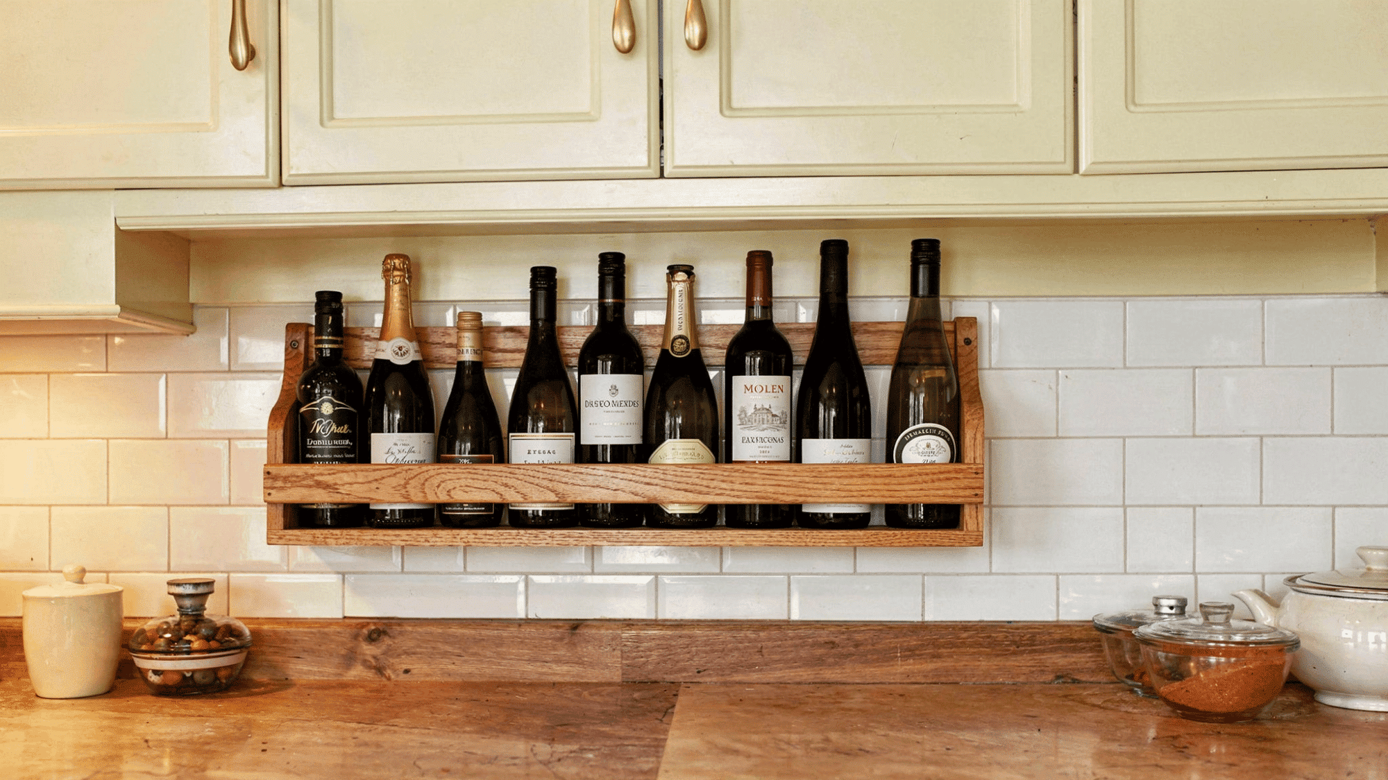wooden diy wine rack mounted on a kitchen wall holding wine bottles with warm natural lighting in a cozy homea (1)