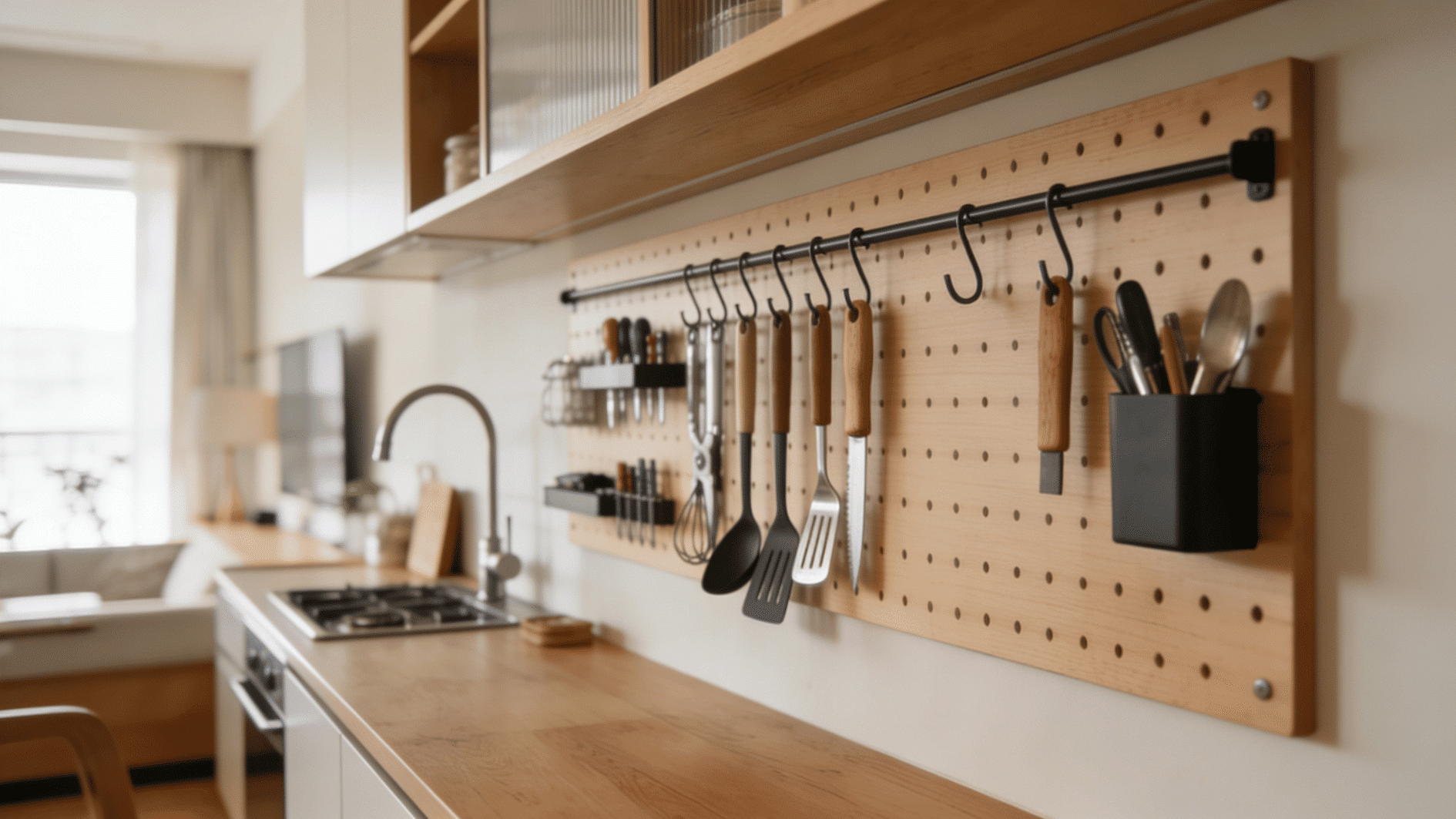 wooden pegboard kitchen organizer with hanging utensils and countertop workspace