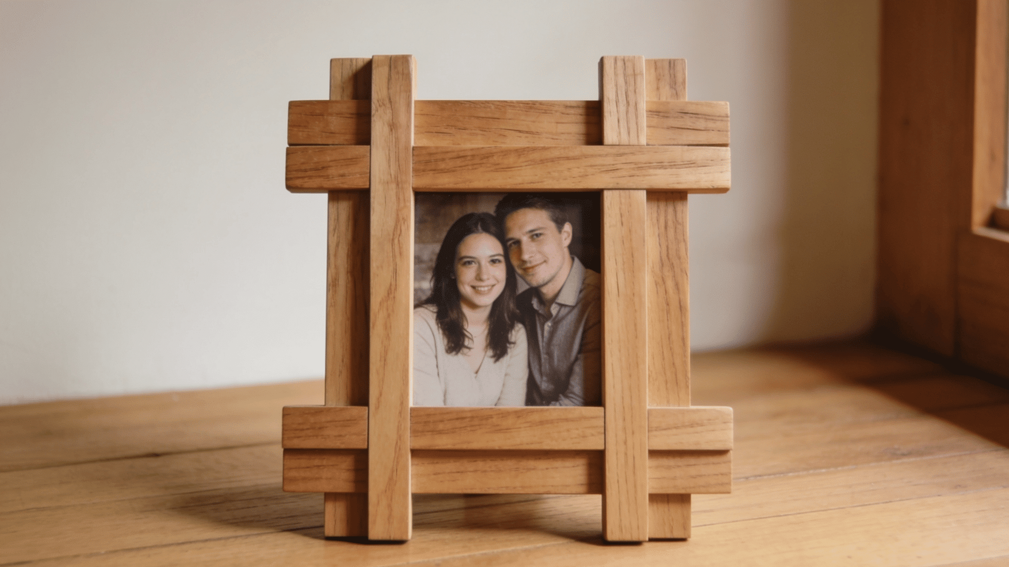wooden photo frame with a couple's picture displayed on a wooden table in a cozy home setting