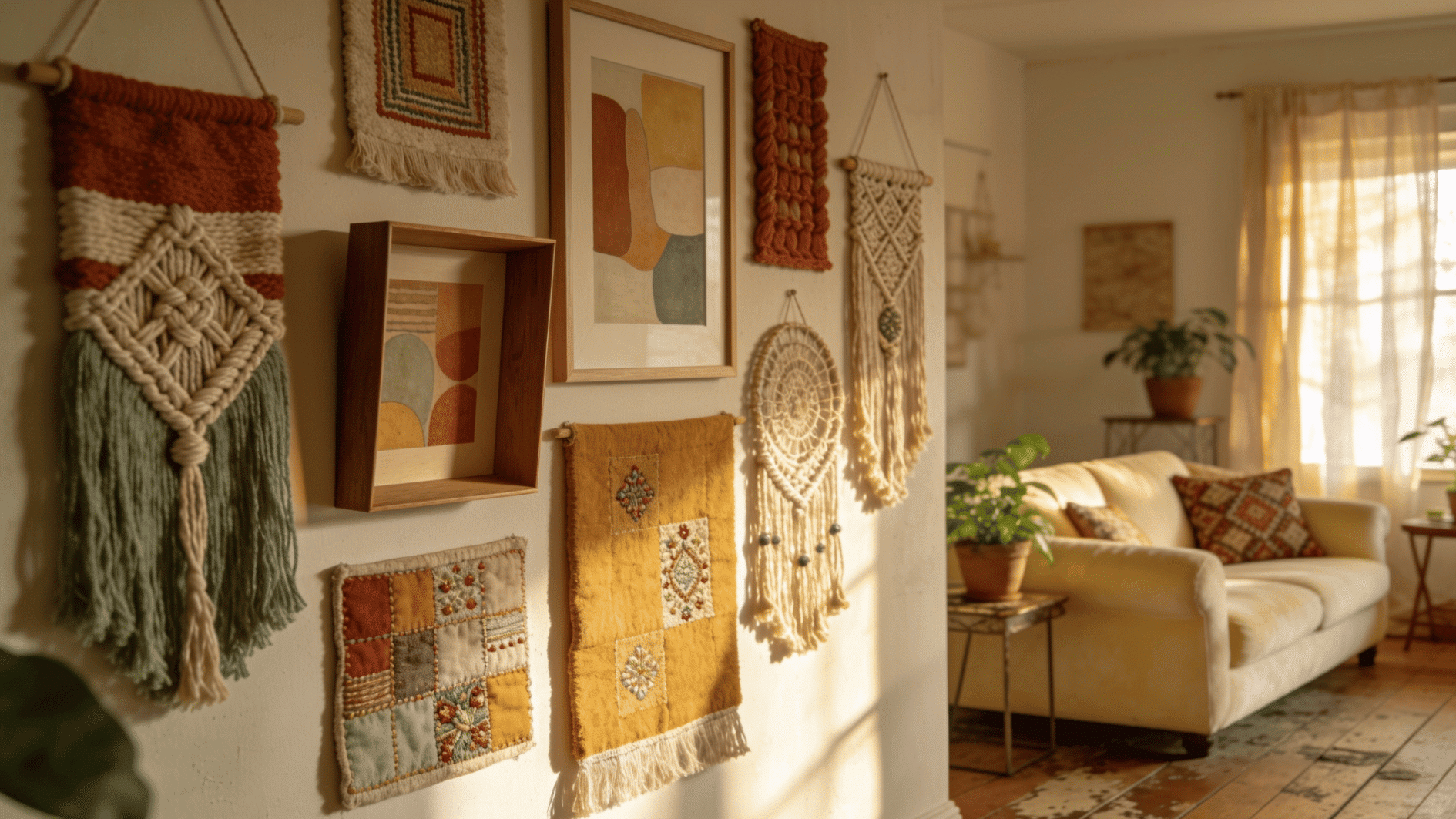 woven texture gallery wall with woven textiles macrame hangings and abstract art decorating a warm living room