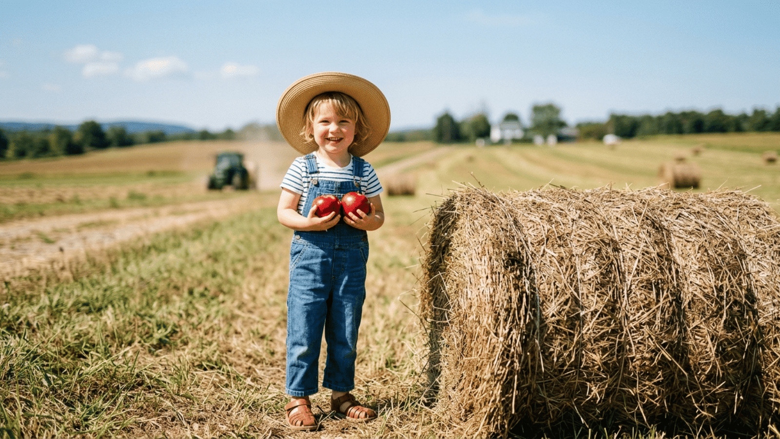 young child in overalls and a sun hat holding red apples, standing near hay bales in a sunny rural field with farm scenery