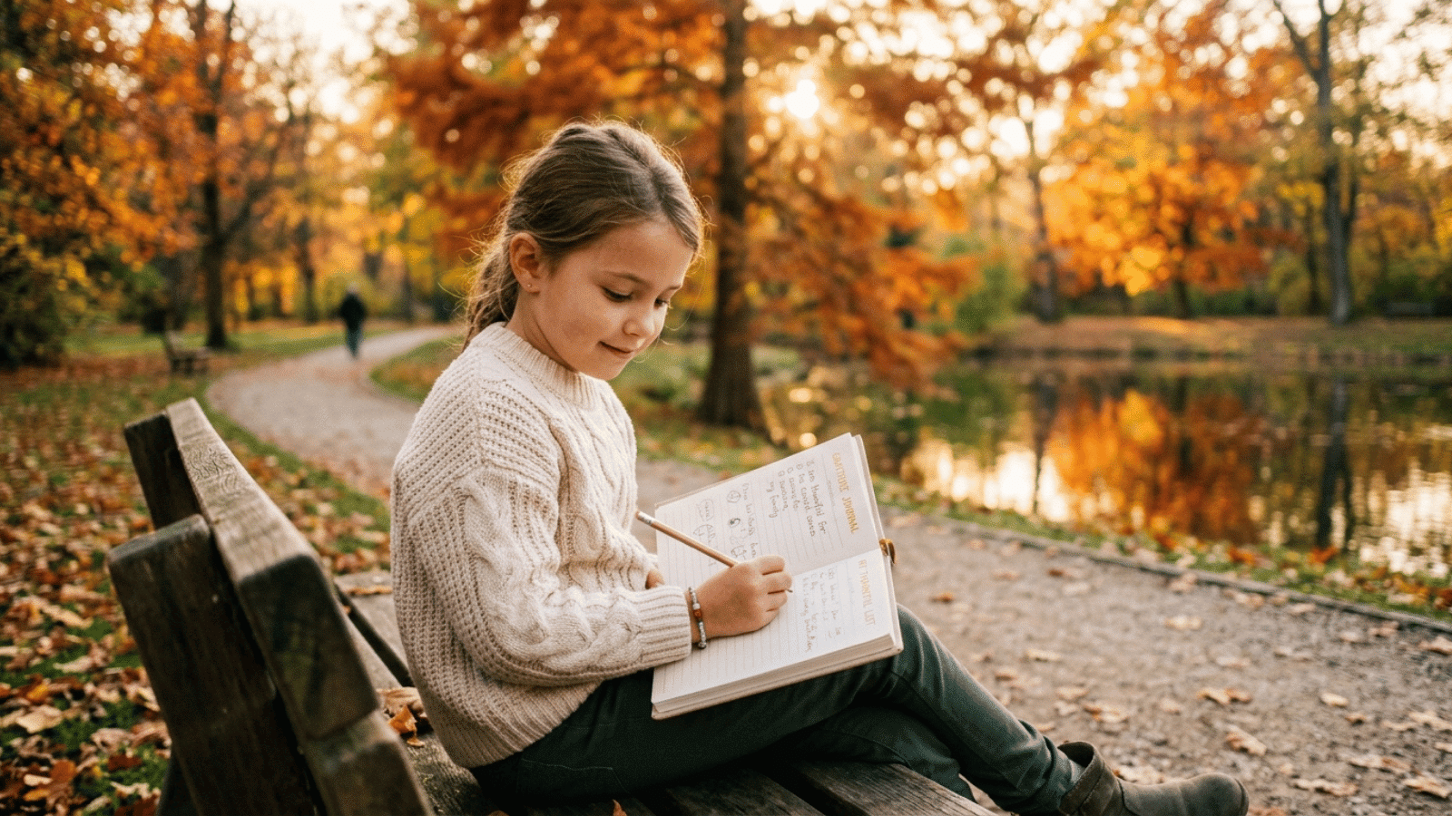 young girl sitting on a park bench in autumn, writing in a notebook beside a peaceful lake surrounded by colorful fall foliage