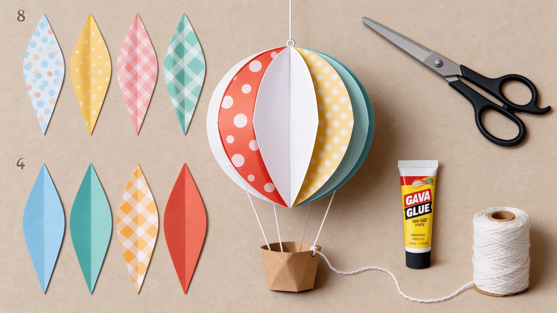 3d hot air balloon paper decorations displayed on a table with materials needed for theme party.