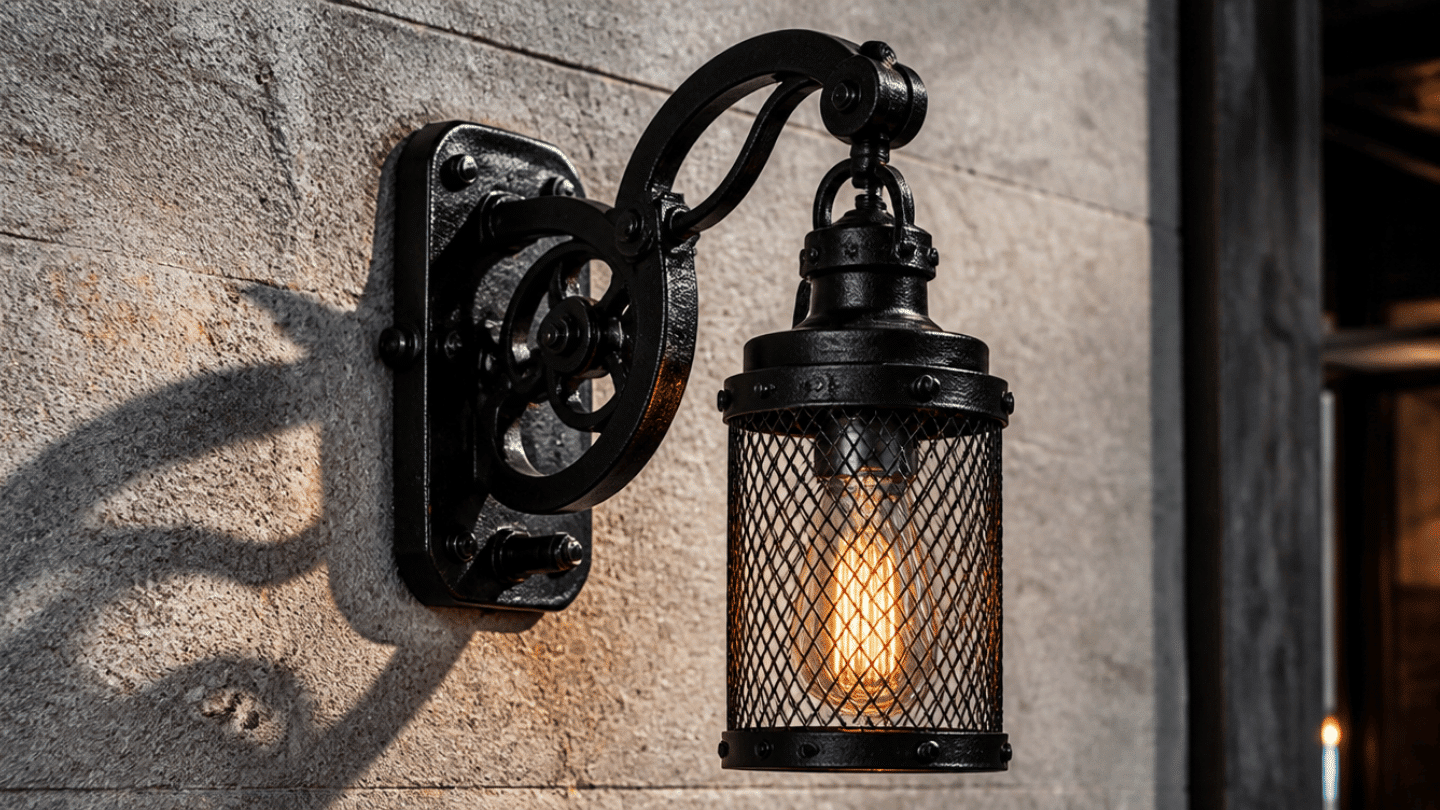 a bold black iron wall sconce mounted on a light grey stone or concrete textured wall, matte black forged metal arm with intricate industrial detailing