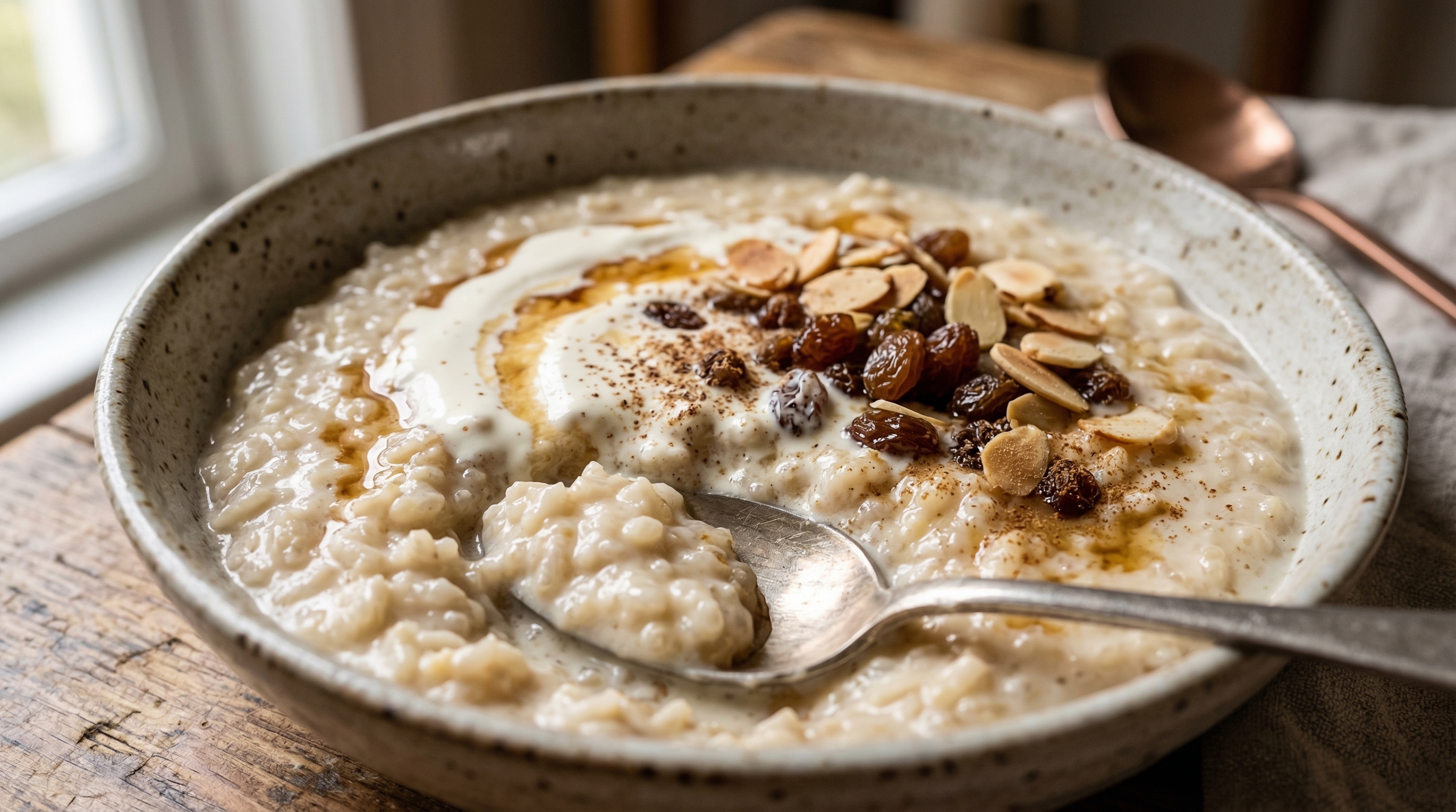 a close look of creamy rice porridge with dryfruits