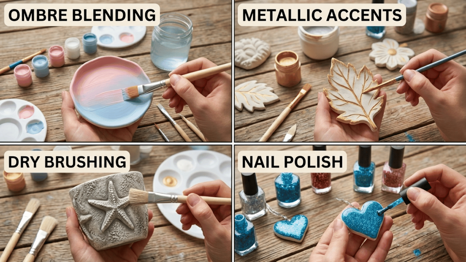 a collage showing gold leaf application, distressed wood, nail polish art, and ombre blending on various surfaces.