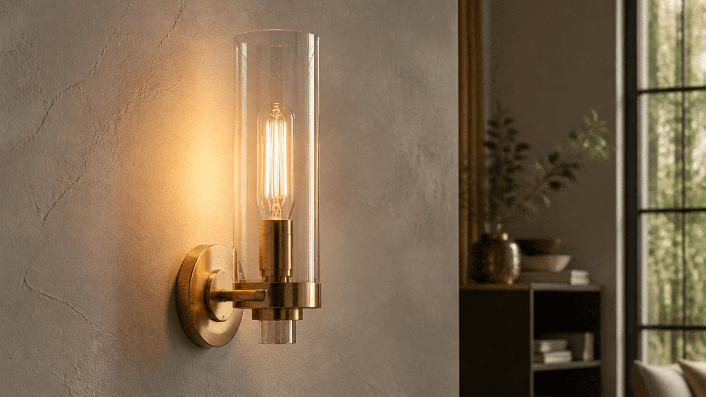 a elegant clear glass wall sconce mounted on a textured neutral wall, cylindrical transparent glass shade with polished chrome or brushed brass metal fixture