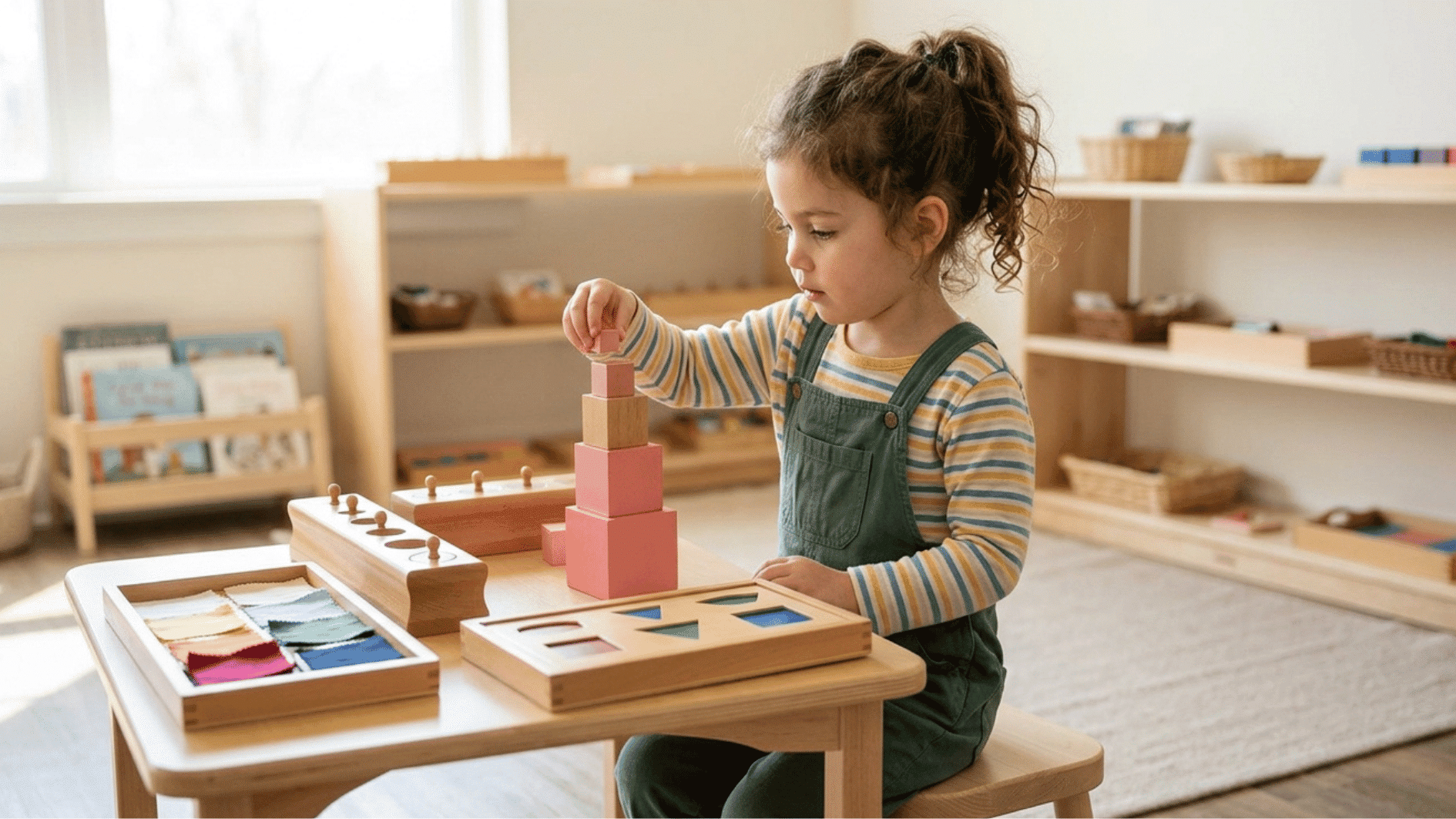 a four year old girl sitting on the chair and playing with montessori toys