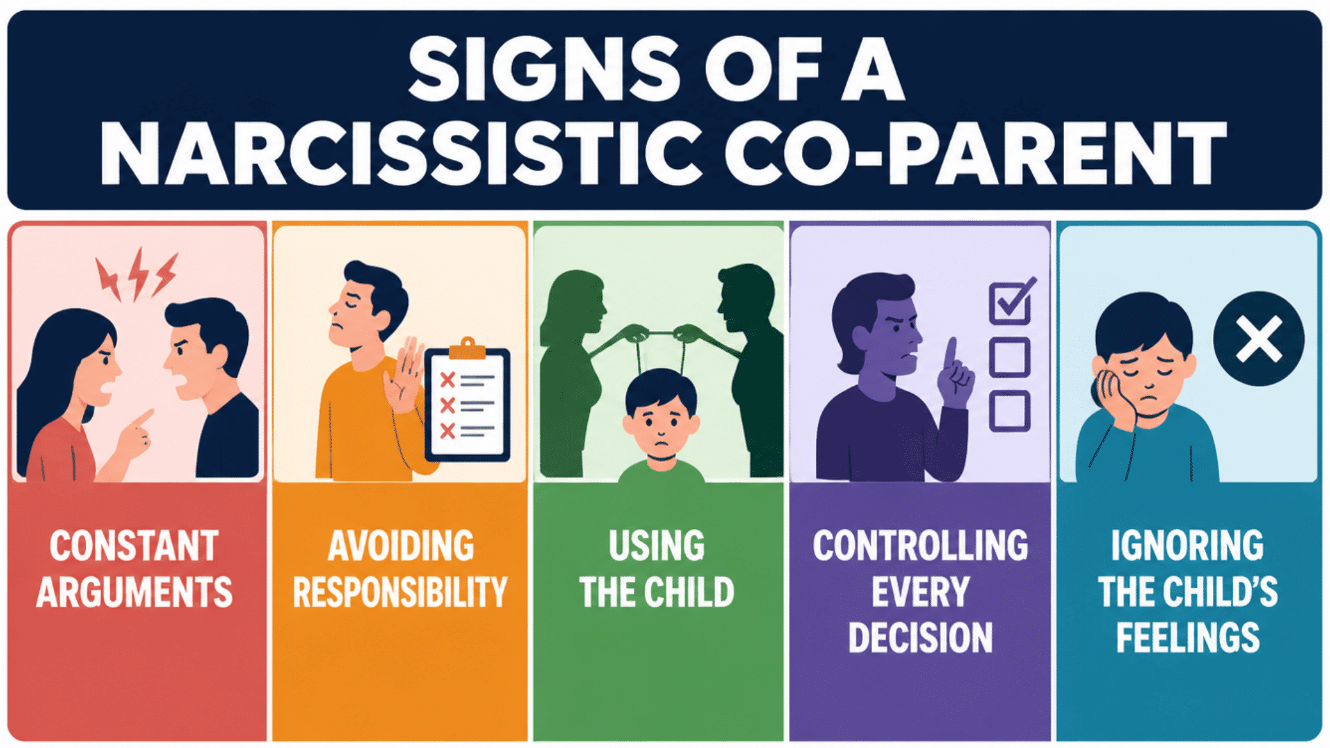 a infographic showing five signs of narcissistic co parenting including arguments control blame and child impact