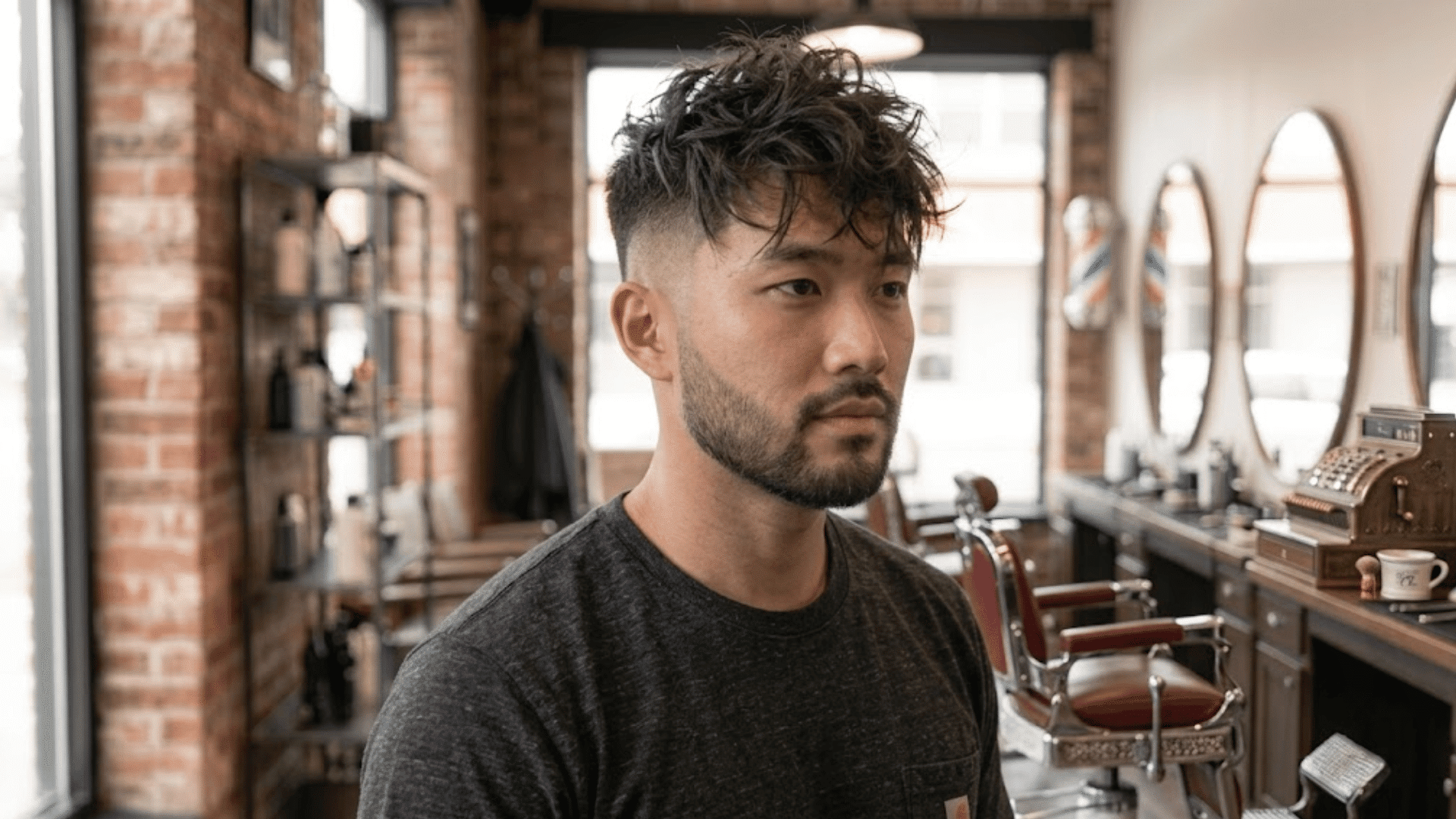 a man with a fres messy haircut posing inside a vintage barbershop with brick walls and leather chairs.
