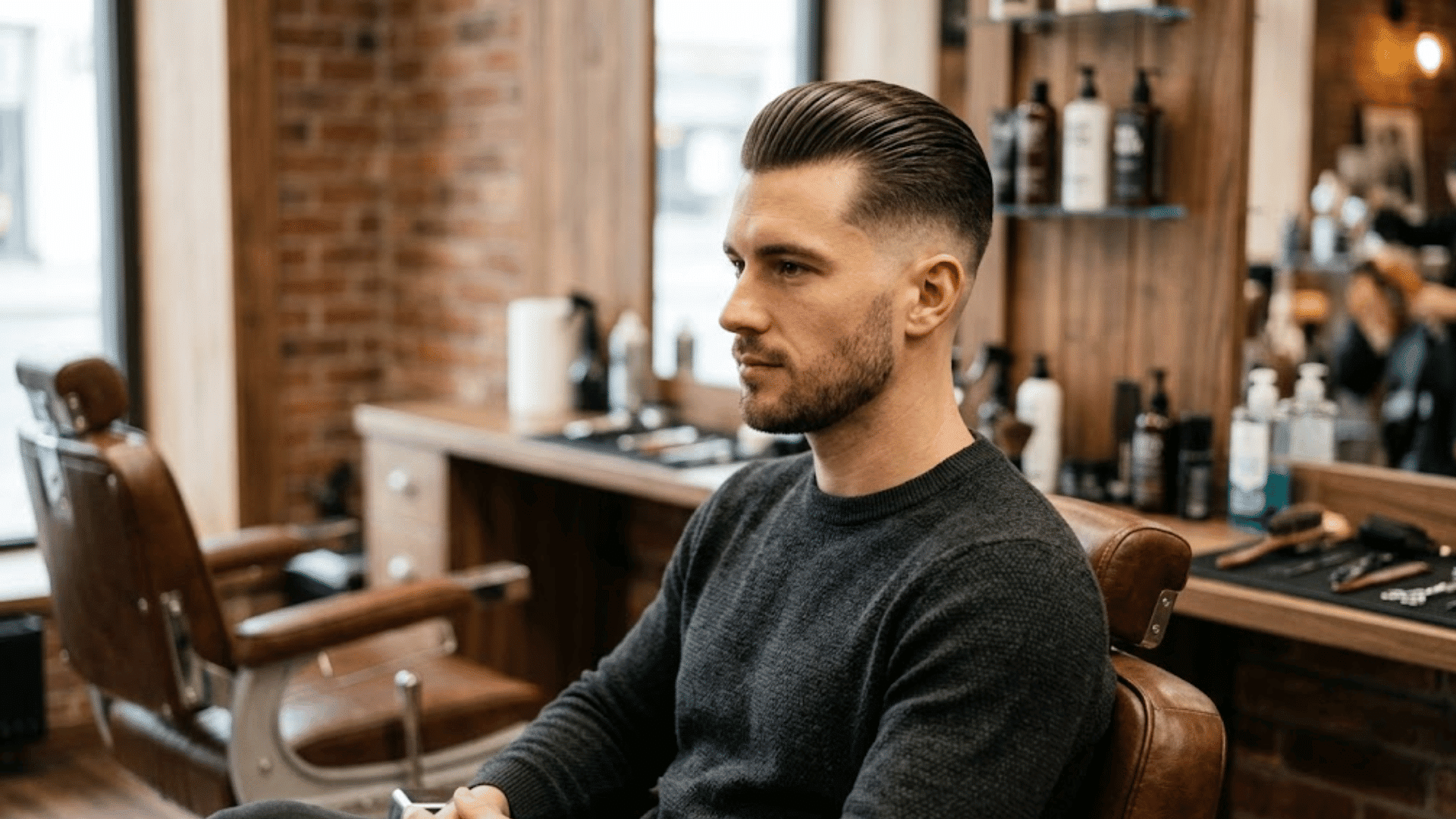 a man with a sleek low fade haircut and beard sitting in a vintage leather barber chair inside a modern barbershop.