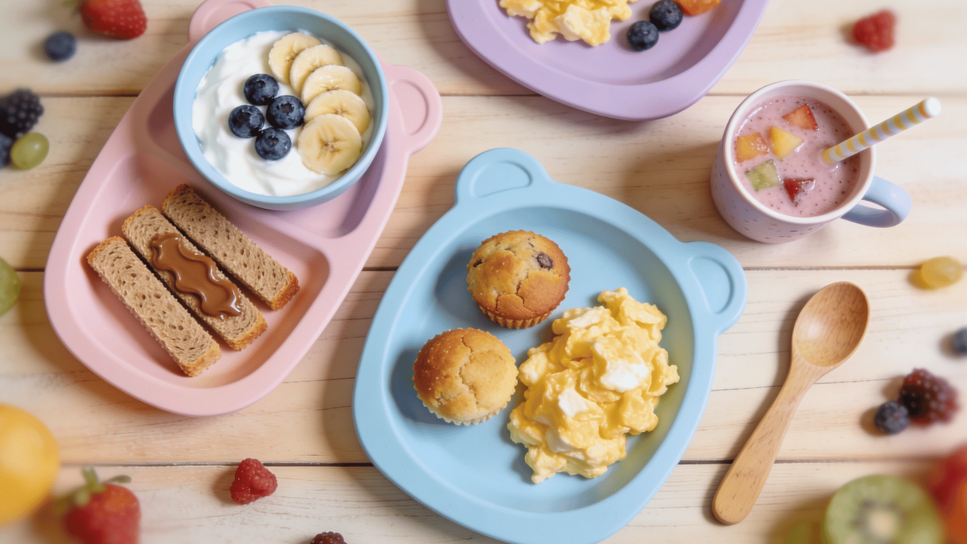 _a small bowl of yogurt topped with sliced banana and blueberries, whole-grain toast fingers with nut butter, a mini muffin, soft scrambled eggs, and a small cup of fruit smoothie with a straw
