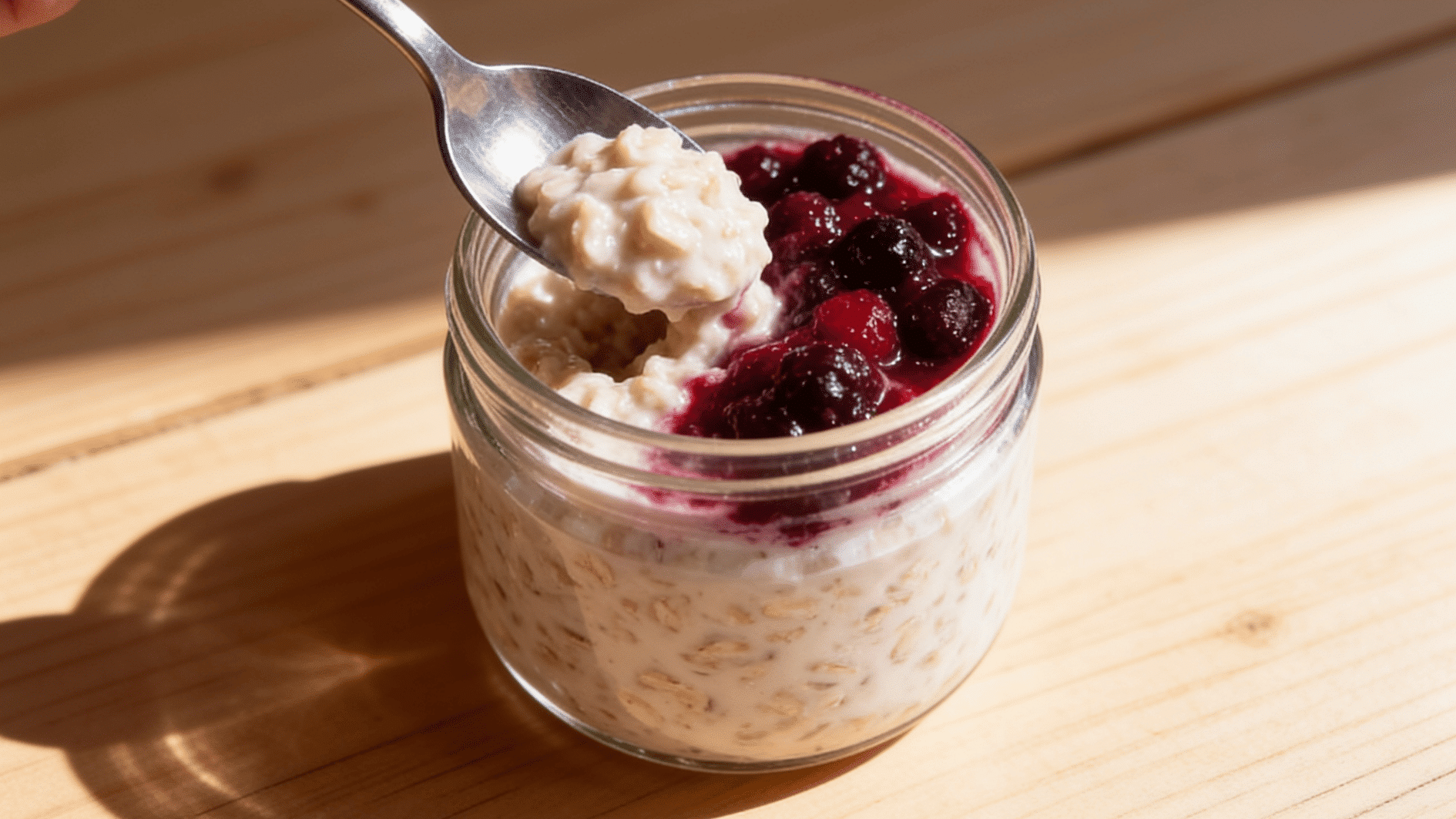 A small glass jar of soft overnight oats topped with mashed berries
