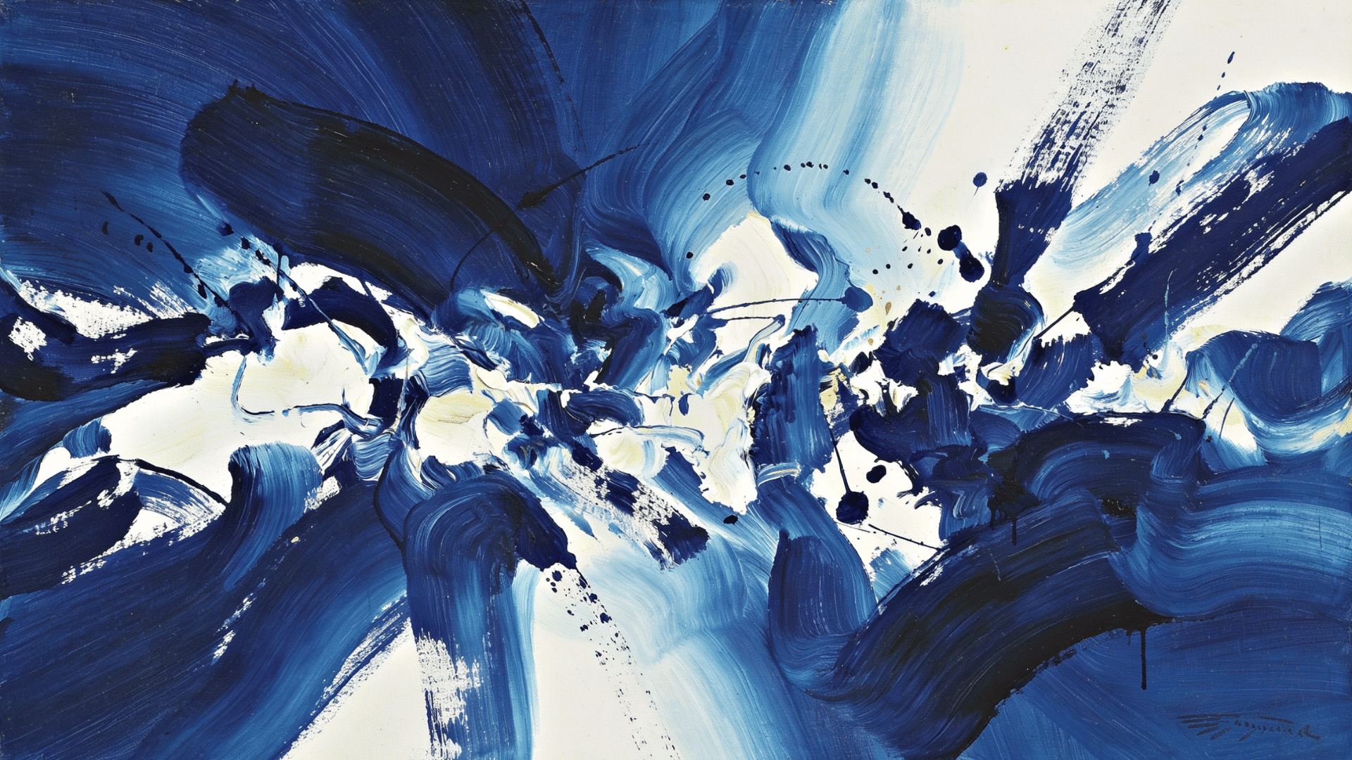 abstract expressionism style painting with bold blue and white brush strokes dynamic splashes textured paint movement