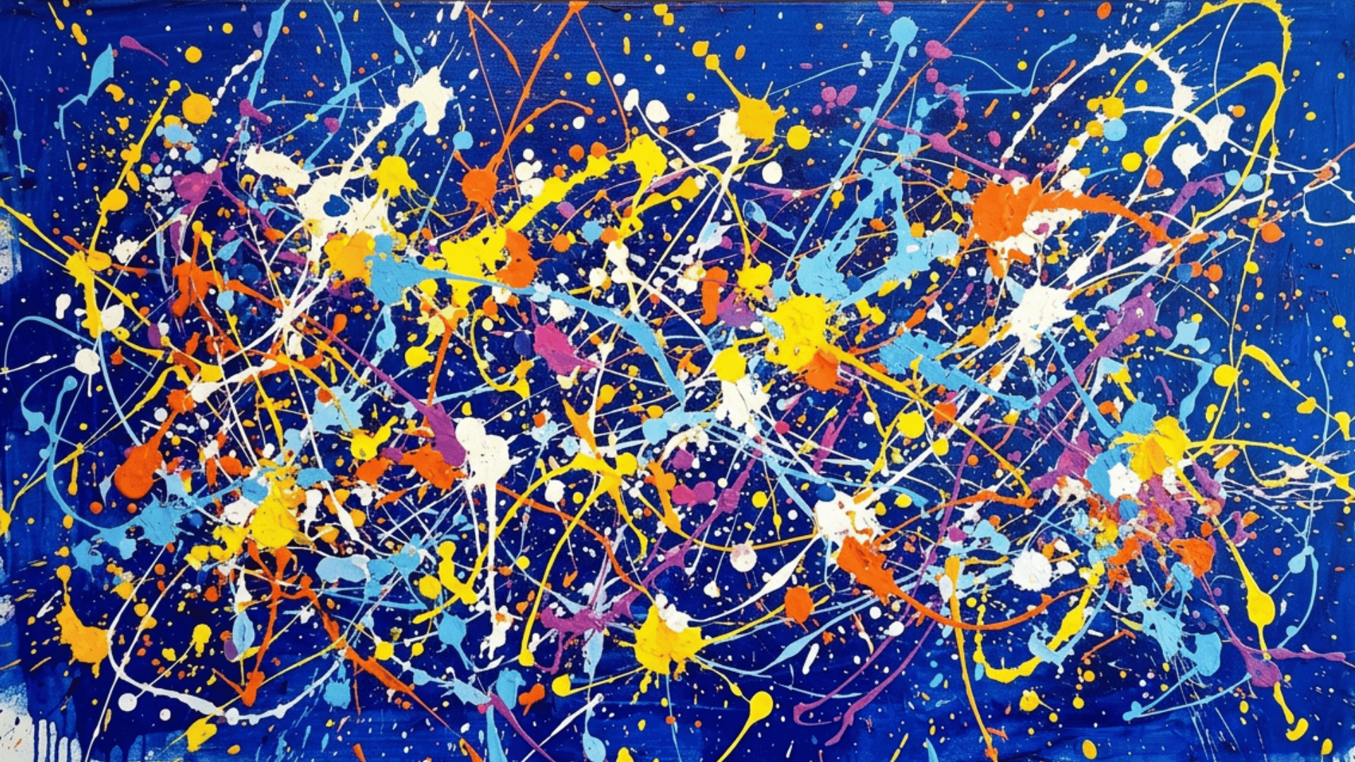 expressive splatter art painting with colorful paint drops scattered across a bold abstract background