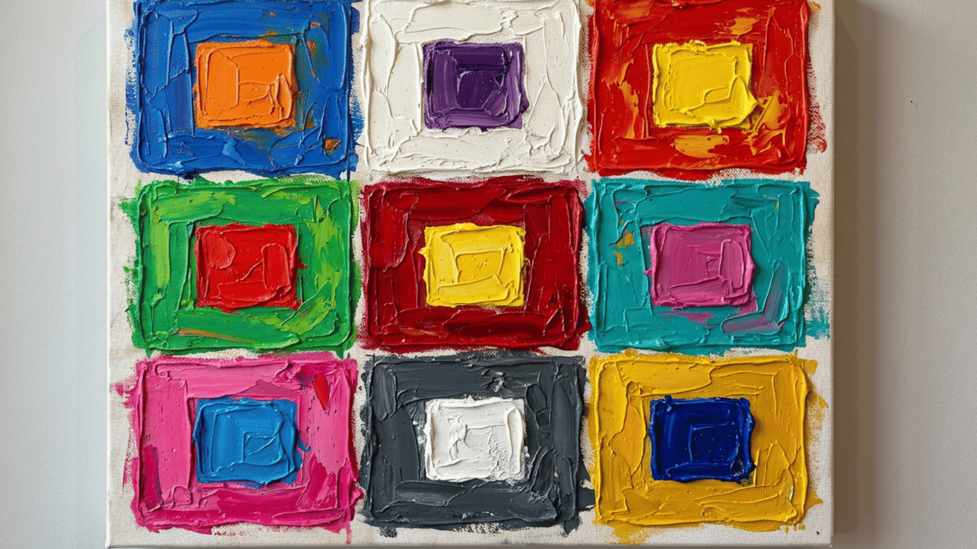 bold color block grid painting with bright geometric squares filled using flat solid colors throughout