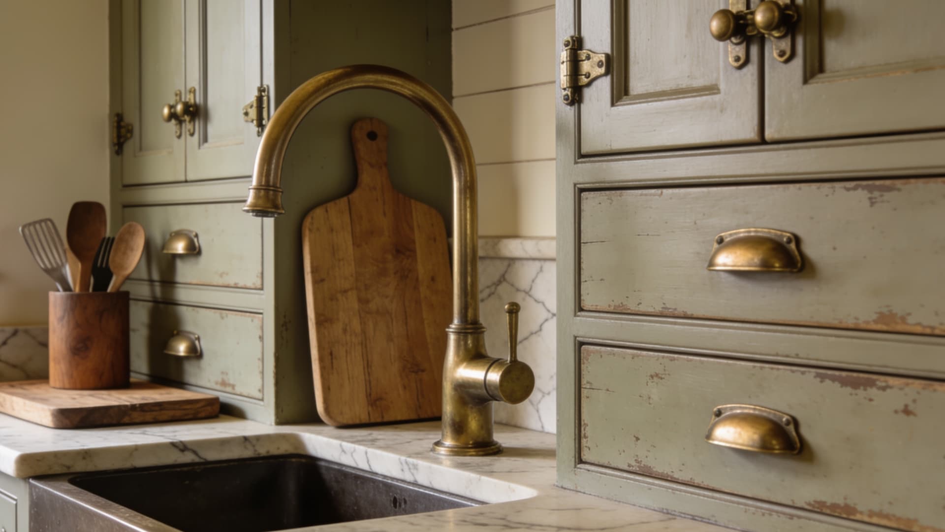 aged brass cup pulls cabinet latches bridge faucet shaker cabinets stone counters and wood details
