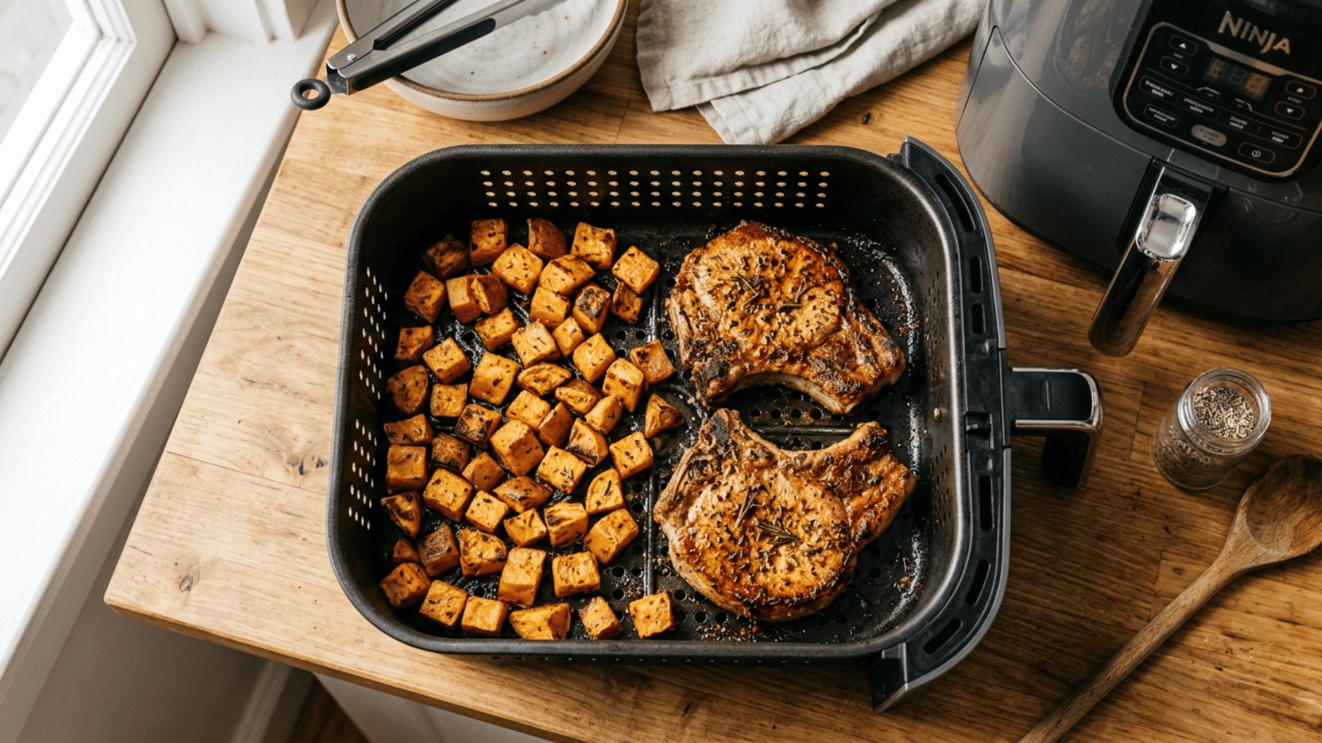 air fryer pork chops with roasted cubed sweet potato pieces