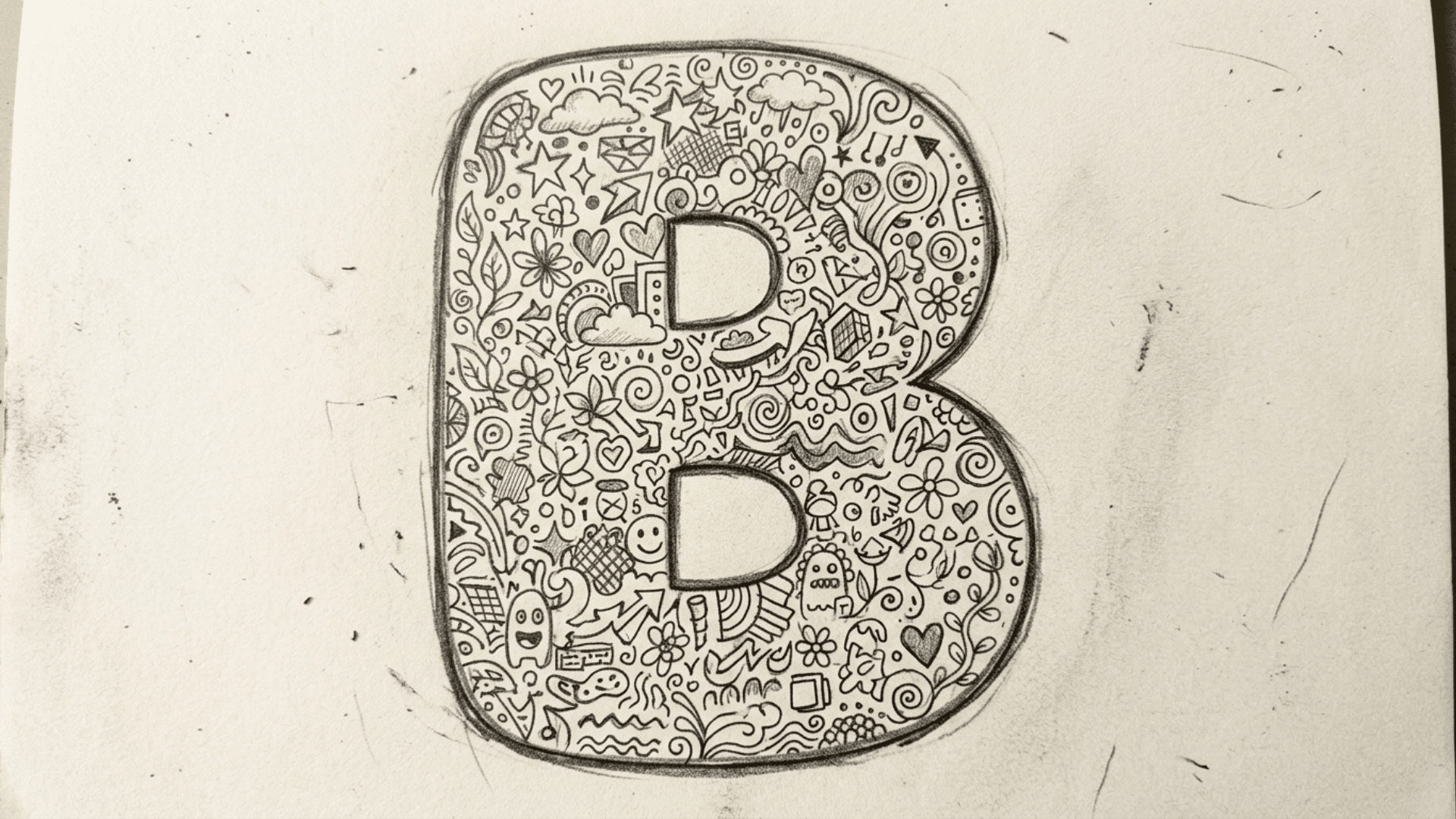 pencil drawing of a large bubble letter filled with small decorative doodles