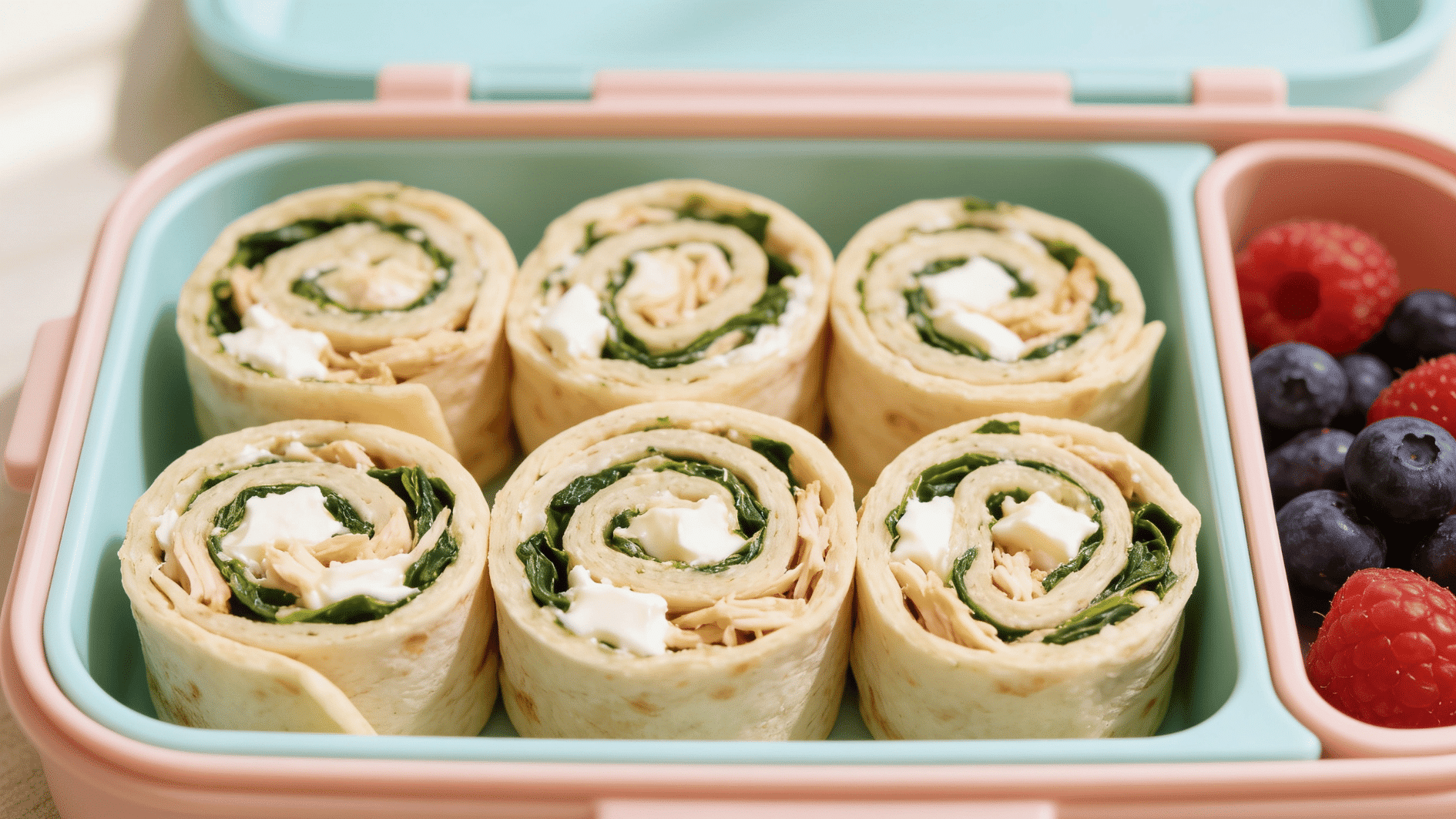 Alt text Chicken and veggie pinwheels sliced into spirals, packed in a toddler lunchbox with fresh berries.